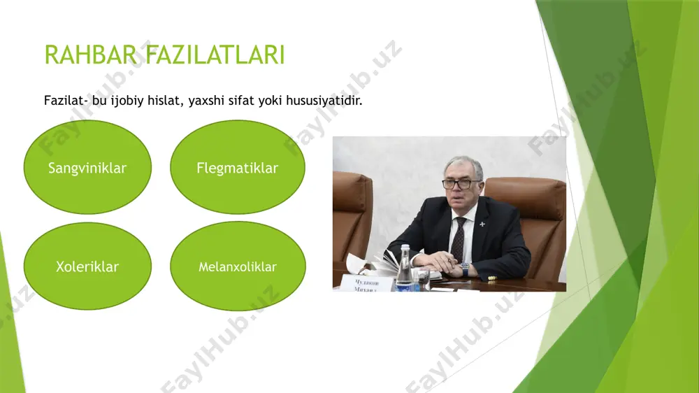 honmaydigan tashvishsiz lekin juda sezuvchan nihoyatda arazchan juda oz kuladigan faolligi sust, tortinchoq, kamg’ayrat arzimagan sabablarga ko’zlaridan yosh oqib ketaveradigan yangi hodimlar bilan qiyinchilik bilan til topishadigan kishilar. rahbar sifatlari rahbar qanday sifatlar bo’lishi kerak? insof, adolat iqtidor, tadbirkorlik odob, iymon rahbar sifatlari liberal rahbar-irodasiz tashabbussiz ishiga ma’suliyat olishni yoqtirmaydigan umuman tashqaridan ko’rsatiladigan ta’sirga moyilligi yuqori bo’ladi. demokratik rahbar-boshqarish funksiyalarini jamoa fikri bilan hisoblashib amalga oshiradi, ishlab chiqarishni boshqarishga xodimlarni jalb qiladi, ularning bildirgan fikriga quloq soladi. rahbar sifatlari odamlar psixologiyasida tez va aniq orientovkasi aqlni amaliy hususiyati hususiy amaliy masalalarda ularni samarali yechish yo’lini ko’rish muammolarni ko’rish va yechish qobiliyati muammolarni shablon bo’yicha emas, ularni ijodiy yechish qobiliyati aqlni egiluvchan va harakatchan bo’lishi odamlarni o’ziga jalb qila olishlik qobiliyati iroda kuchini amaliy aql bilan birga olib borish mardlik va o’zini tuta bilishlik matonatlilik yetishmayotgan hususiyatlarni o’zlashtirish uchun o’zini tarbiyalash rahbar sifatlari keng dunyoqarash intuitsiya ishga ijodiy yondashish o’zgatishlarga tayyor …