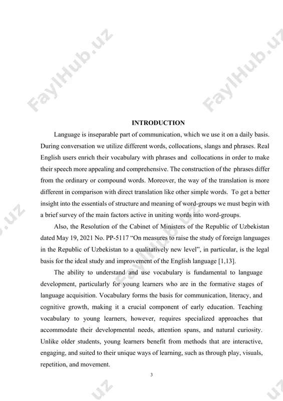 . given that young learners are in a critical period for language acquisition, understanding the best strategies for vocabulary instruction can greatly enhance their language skills and cognitive development. with an increasing emphasis on early language education, particularly in multilingual and globalized settings, equipping teachers with effective techniques for vocabulary teaching is essential. the aim of the course work is to explore and analyze effective methods for teaching vocabulary to young learners, focusing on techniques that support engagement, retention, and practical language use. this research seeks to identify age-appropriate strategies that can be adapted to diverse classroom settings and learning styles, contributing to a more dynamic and interactive approach to vocabulary instruction. the subject of the course work is the various approaches, methodologies, and tools used in teaching vocabulary to young learners. this includes strategies such as storytelling, games, visual aids, and gestures, as well as considerations for incorporating digital …