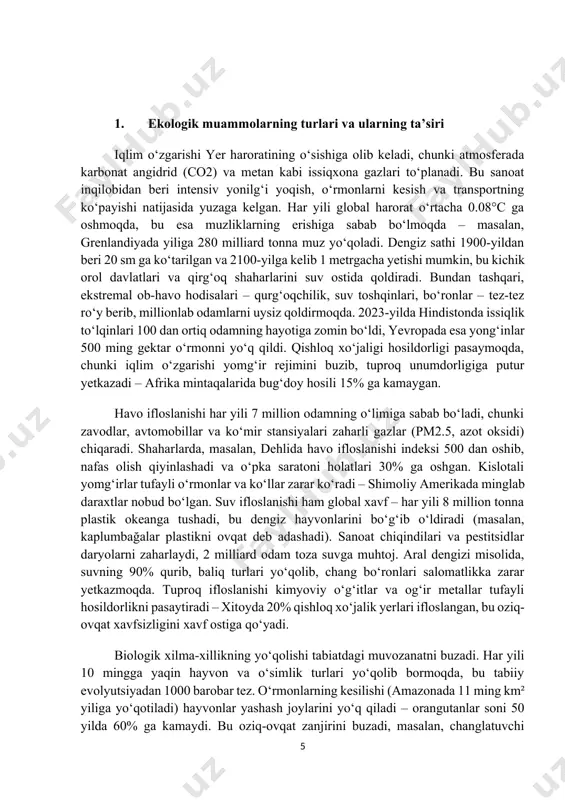 balki global miqyosda e’tiborga molik ekologik falokat sifatida tan olingan. bu jarayon o‘zbekistonning qoraqalpog‘iston respublikasi va xorazm viloyatida yashovchi aholining hayotiga jiddiy ta’sir ko‘rsatmoqda. dengiz tubidan ko‘tarilgan chang va tuz havoni ifloslantirib, nafas olish yo‘llari kasalliklarini keltirib chiqarmoqda, shuningdek, qishloq xo‘jaligi uchun suv tanqisligini yanada kuchaytirmoqda. ikkinchidan, suv resurslari masalasi o‘zbekistonda global muammolarning yana bir muhim ko‘rinishidir. mamlakat qishloq xo‘jaligiga asoslangan iqtisodiyotga ega bo‘lib, sug‘orish uchun amudaryo va sirdaryo kabi yirik daryolarga qaramdir. ammo iqlim o‘zgarishi va yuqori oqimdagi qo‘shni davlatlarning suvdan foydalanish siyosati tufayli suv taqchilligi yildan-yilga o‘sib bormoqda. bu nafaqat paxta va boshqa ekinlar yetishtirishni qiyinlashtirmoqda, balki ichimlik suvi yetishmovchiligini ham keltirib chiqarmoqda. global miqyosda suv resurslari bo‘yicha kelishuvlarni mustahkamlash zarur bo‘lsa-da, o‘zbekistonda bu muammo mahalliy aholi uchun hayot-mamot masalasiga aylangan. uchinchidan, urbanizatsiya va aholining tez o‘sishi global muammolarning o‘zbekistondagi yana bir jihati sifatida ko‘zga tashlanadi. so‘nggi yillarda toshkent va boshqa yirik shaharlarga migratsiya kuchaydi, bu esa infratuzilma, …