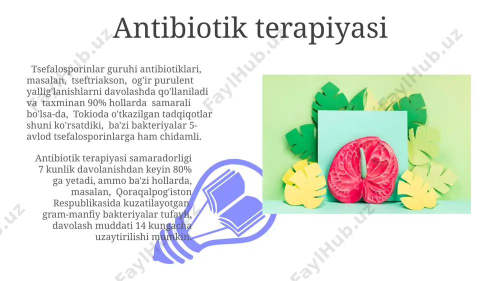 ingli), ko'krak qafasi og'rig'i va nafas qisish kuzatiladi. bu holatda, ko'krak qafasi rentgenografiyasi va kompyuter tomografiyasi muhim diagnostik usullar hisoblanadi. jigar absessi diagnostikasida, toshkentdagi tibbiyot muassasalarida, qorin ultratovush tekshiruvi va kt tekshiruvi orqali 7-10 sm gacha bo'lgan suyuqlik to'planishi aniqlanadi, bu esa jarrohlik aralashuvini talab qilishi mumkin. ichki organlarning yiringli-yallig'lanish kasalliklarining umumiy tavsifi yiringli-yallig'lanish jarayonlari, bakteriyalar, masalan, staphylococcus aureus yoki escherichia coli kabi 30 dan ortiq turdagi patogen mikroorganizmlar tomonidan qo'zg'atiladi va qorin bo'shlig'ida 70% hollarda uchraydi. davolash usullari antibiotik terapiyasi, drenajlash va jarrohlik aralashuvlarni o'z ichiga oladi; samarqanddagi shifoxonalarda bunday kasalliklarning o'lim darajasi 15% ga teng. davolash tamoyillari аппендицитда оператив мудохала, яъни аппендэктомия, жароҳат юзасини 1-2 см тикув билан тикиш ва 7-10 кун давомида антибиотик терапияси самарқанддаги шифохоналарда кенг тарқалган. ўткир холециститда 3-5 кунлик антибиотикотерапия, 20-30 мл физиологик эритма билан ювиш ва дренажлаш, тошкентдаги республика ихтисослаштирилган хирургия илмий маркази тажрибасида самарали бўлган. bosh va bo'yin sohasi organlarining yiringli-yallig'lanish kasalliklari …