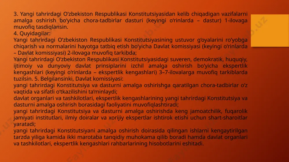 la huquqlari, erkinliklari va qonuniy manfaatlarini ta’minlash hamda himoya qilish, bolaning jismoniy, aqliy va madaniy jihatdan to‘liq rivojlanishi uchun munosib shart-sharoitlarni yaratish maqsadida “o‘zbekiston respublikasi oliy majlisining bola huquqlari bo‘yicha vakili (bolalar ombudsmani) to‘g‘risida”gi qonun loyihasini qisqa muddatda qabul qilish tavsiya etilsin. 11. fuqarolarning yangi tahrirdagi konstitutsiyaning 50-moddasida belgilangan ta’lim olish huquqlari kafolatlarini yanada kuchaytirish maqsadida 2023-yil 1-avgustdan boshlab soliq to‘lovchilar tomonidan yoshidan qat’i nazar farzandlarining o‘zbekiston respublikasi ta’lim tashkilotlarida ta’lim olishlari uchun yo‘naltiriladigan to‘lovlar soliq solinmaydigan daromadlar toifasiga kiritilsin. image2.png image3.png image1.png
