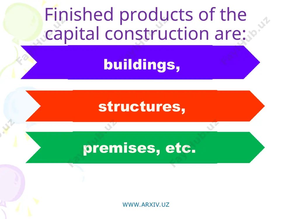 ervicing banks stage 7 the payment is 5 percent of the cost of the construction out of warranty funding bodies, customers, servicing banks www.arxiv.uz www.arxiv.uz this scheme of financing was introduced to improve the quality of the finished objects of capital construction, improve the administrative and financial responsibility of contractors performing construction projects financed from centralized sources. for construction projects undertaken by other sources, this financing scheme is recommended. www.arxiv.uz the organization of tenders in capital construction competitive tendering for capital construction (tenders) organized in order to identify the optimal construction project on time, cost and quality of construction of the object. tenders - the best way to select the supplier of goods, executor of works and services in accordance with the criteria and conditions set out in the tender documentation. www.arxiv.uz www.arxiv.uz the legal basis of the tenders in uzbekistan is: regulation on the competitive bidding in capital construction …