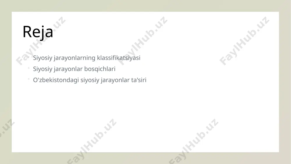 adaniy kontekstlar bilan, global tajribalar bilan taqqoslanganda, o'ziga xos xususiyatlarga ega. 3 tajribalar tahlili boshqa mamlakatlardagi siyosiy jarayonlar tajribasi, o'zbekiston uchun muhim saboqlarni taklif etadi, bu esa samarali siyosatni ishlab chiqishga yordam beradi. siyosiy jarayonlarning bosqichlari: tushuncha va ahamiyati. 1 bosqichlar tushunchasi - siyosiy jarayonlar, turli bosqichlarga bo'linadi. bu bosqichlar, qarorlar qabul qilish va amalga oshirish jarayonida muhim rol o'ynaydi. 2 bosqichlarning turlari - siyosiy jarayonlar uchta asosiy bosqichga bo'linadi: tayyorgarlik, amalga oshirish va baholash. har bir bosqich o'ziga xos xususiyatlarga ega. 3 ahamiyati va ta'siri - har bir bosqich, siyosatni shakllantirishda muhim ahamiyatga ega. bu jarayonlar jamiyatda barqarorlik va rivojlanishni ta'minlaydi. siyosiy jarayonlar: harakatlar va qarorlar ketma-ketligi. 1 harakatlar va qarorlar siyosiy jarayonlar harakatlar va qarorlar ketma-ketligi orqali rivojlanadi. harakatlar muayyan maqsadlarga erishish uchun rejalashtiriladi va amalga oshiriladi. 2 qaror qabul qilish qaror qabul qilish jarayoni analitik tahlil, muhokama va konsensusga asoslangan. bu jarayonda turli manfaatlar va fikrlar inobatga …