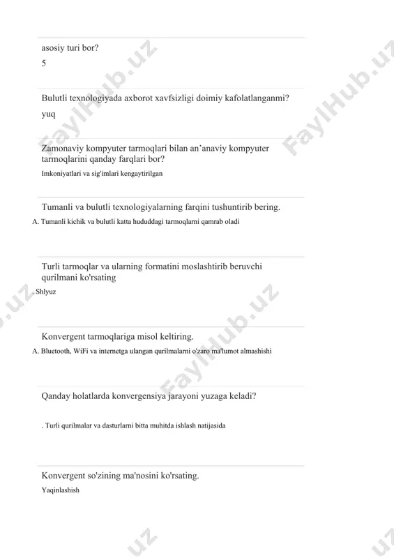 foydalanuvchilari uchun tarmoq xavfsizligi kafolatlanganmi? kafolatlanmagan tarmoq pog'onasida kimlar axborot xavfsizligini himoyalashga mas'ul? a. barcha javob to'g'ri b. provayderlar c. tarmoq qurilmasi d. operatorlar answer: a tarmoq xavfsizligi qanday vositalar orqali ta'minlanadi? tarmoq xavfsi apparat va dasturiy ta'minot vositalari orqali 125.108.151.217/255.192.0.0 ip manzili uchun tarmoq raqami va tugun raqamini ko'rsating 125.108.151.217/255.128.0.0 ip manzili uchun tarmoq raqami va tugun raqamini ko'rsating 192.168.15.18/28 manzili uchun tarmoq va tugun raqamini ko‘rsating. ip manzili uchun tarmoq raqami va xost raqamini belgilang 10010101.10101000.00001111.00010001/11111111.11111111.10000000.00000000 = 149.16815.17/255.255.128.0 to‘g‘ri formatda keltirilgan teskari maskani toping. to‘g‘ri formatda keltirilgan maskani toping. quyidagi keltirilgan manzillarning qaysi biri maska bo‘la olmaydi? 155.217.44.69/14 tarmog'i uchun translyatsiya manzilini ko'rsating 192.168.7.67/26 tarmog'i uchun broadcast manzilini ko'rsating 255.252.0.0 ushbu maska manzilida necha razryad bitlar tugun manzili uchun ajratilgan? 14 255.255.248.0 ushbu maska manzilida necha razryad bitlar tugun manzili uchun ajratilgan? 11 255.224.0.0 ushbu maska manzilida necha razryad bitlar tugun manzili uchun ajratilgan? 21 255.255.240.0 ushbu maska …