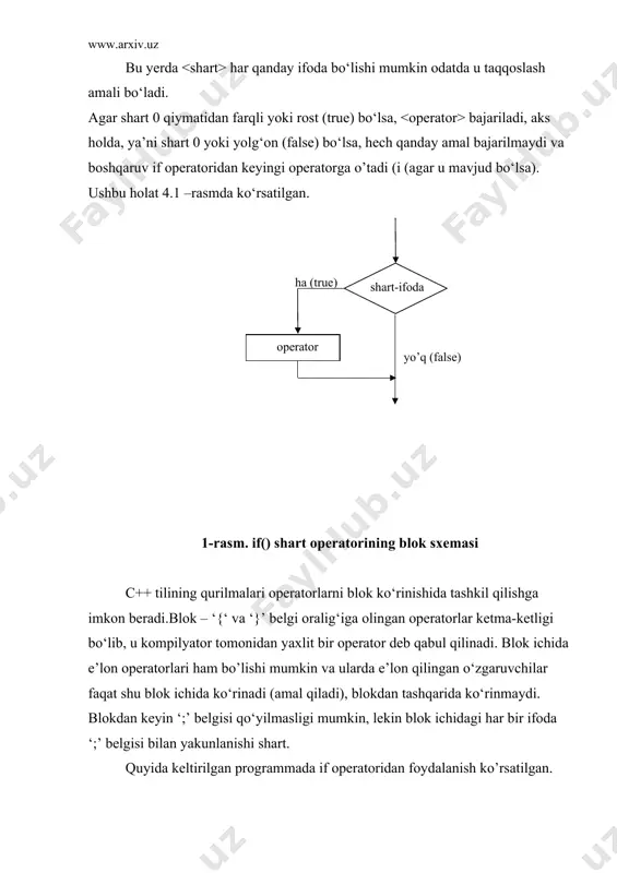 r bloklari deb qarash mumkin . 2-rasm. if(), else shart operatorining blok sxemasi misol tariqasida diskriminantni hisoblash usuli yordamida ax +bx+c=0 ko‘rinishidagi kvadrat tenglama ildizlarini topish masalasini ko‘raylik: #in programma bajarilganda, birinchi navbatda tenglama koeffitsientlari – a, b, s o‘zgaruvchilar qiymatlari kiritiladi, keyin diskriminant – d o‘zgaruvchi qiymati hisoblanadi. keyin d qiymatining manfiy ekanligi tekshiriladi. agar shart o‘rinli bo‘lsa, yaxlit operator sifatida keluvchi ‘{‘ va ‘}’ belgilari orasidagi operatorlar bajariladi va ekranga “tenglama haqiqiy ildizlarga ega emas” xabari chiqadi va programma o‘z ishini tugatadi (“return 0;” operatorini bajarish orqali). diskriminant noldan kichik bo‘lmasa, navbatdagi shart operatori uni nolga tengligini tekshiradi. agar shart o‘rinli bo’lsa, keyingi qatorlardagi operatorlar bloki bajariladi – ekranga “ tenglama yagona ildizga ega:” xabari, hamda x1 o‘zgaruvchi qiymati chop qilinadi va programma shu yerda o‘z ishini tugatadi, aks holda, ya’ni d qiymatni noldan katta holati uchun else kalit so‘zidan keyingi operatorlar bloki bajariladi va ekranga “tenglama ikkita …