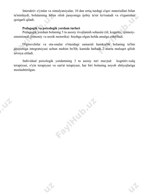 i o'quv materiallari bilan ta'minlaydi, bolalarning bilim olish jarayoniga ijobiy ta'sir ko'rsatadi va o'rganishni qiziqarli qiladi. pedagogik va psixologik yordam turlari pedagogik yordam bolaning 5 ta asosiy rivojlanish sohasini (til, kognitiv, ijtimoiy-emotsional, jismoniy va nozik motorika) hisobga olgan holda amalga oshiriladi. o'qituvchilar va ota-onalar o'rtasidagi samarali hamkorlik bolaning ta'lim jarayoniga integratsiyasi uchun muhim bo'lib, kamida haftada 2 marta muloqot qilish tavsiya etiladi. individual psixologik yordamning 3 ta asosiy turi mavjud: kognitiv-xulq terapiyasi, o'yin terapiyasi va san'at terapiyasi, har biri bolaning noyob ehtiyojlariga moslashtirilgan. 📌xulosa maxsus yordamga muhtoj bolalarni integratsiyasi ularning jamiyatga muvaffaqiyatli moslashishi, o'z qobiliyatlarini rivojlantirish va teng huquqli hayot kechirish imkoniyatlarini ta'minlaydi. bu esa jamiyatning barcha a'zolari uchun foydalidir. 📚foydalanilgan adabiyotlar 1. maxmudov, a. (2020). maxsus ehtiyojli bolalarni integratsiyasi: nazariya va amaliyot. toshkent: fan va texnologiyalar nashriyoti. 2. toshpulatov, b. (2018). maxsus ehtiyojli bolalarni umumiy ta’lim muassasalariga integratsiyalashtirishning psixologik-pedagogik jihatlari. pedagogika fanlari doktori dissertatsiyasi avtoreferati. toshkent. 3. xolmatova, z. …