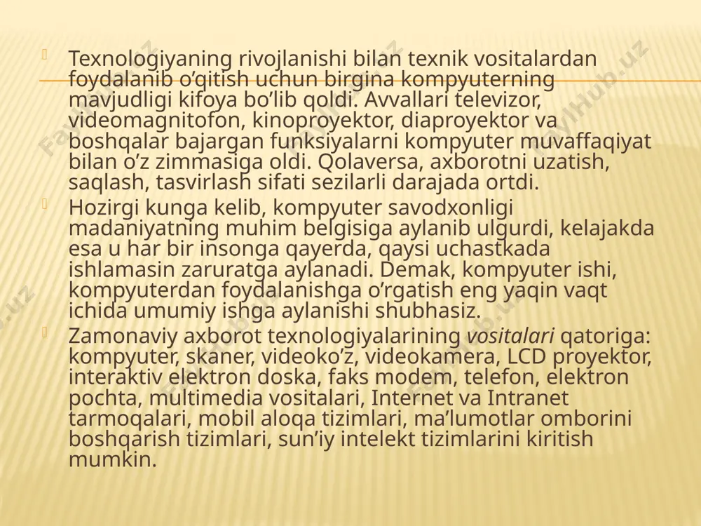 r, virtual muzeylar va x.k.; texnik ko’nikmalar trenajyorlari (tugmachalar majmuidan tugmachalarga qaramasdanma’lumot kiritish, dasturiy vositalarni dastlabki o’zlashtirish va x.k.). o‘quv-tarbiya jarayonida kompyuterlar asosan to’rt tartibda: passiv qo’llash – kompyuter oddiy hisoblagich kabi; reaktiv muloqоt – kompyuter imtihon oluvchi sifatida; faol muloqоt – kompyuter talabaga yo’l – yo’riq berish va imtihon olishda; interfaol muloqоt – kompyuter sun’iy intellekt sifatida, ya’ni talaba bilan muloqat qilishda foydalaniladi. ta’limda zamonaviy axborot va kommunikasiya texnologiyalarini keng joriy etilishi: fan sohalarini axborotlashtirishni; o’quv faoliyatni intellektuallashtirishni; integrasiya jarayonlarini chuqurlashtirishni; ta’lim tizimi infratuzilmasi va uni boshqarish mexanizmlarini takomillashtirishga olib keladi. pedagogik ta’lim jarayonlarini zamonaviy axborot texnologiyalari asosida samarali tashkil etish: masofaviy o’quv kurslarini va elektron adabiyotlarni yaratuvchi jamoaga pedagoglar, kompyuter dasturchilar, tegishli mutaxassislarning birlashuvini; pedagoglar o’rtasida vazifalarning taqsimlanishini; ta’lim jarayonini tashkil qilishni takomillashtirish va pedagogik faoliyatning samaradorligini monitoring etishni taqozo etadi. zamonaviy axborot texnologiyalarining ta’lim jarayonlariga joriy etilishi: talabaga kasbiy bilimlarni egallashiga; o’rganilayotgan hodisa va jarayonlarni modellashtirish orqali …