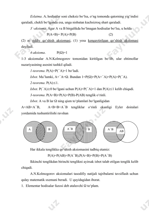 eyiladi. 1-misol. o’yin soqqasi ikki marta tashlandi. ikkala tashlanganda ham tushgan ochkolar yig‘indisi 10 ga teng bo‘lish ehtimoli nimaga teng? yechish. birinchi tashlanganda i ochkoning, ikkala marta tashlanganda j ochkoning tushishini aij orqali belgilaymiz. u holda a11 a12 . . . a16 a21 a22 . . . a26 . . . . . . . . . . . a61 a62 . . . a66 ko‘rinishdagi 36 ta hodisani o‘yin soqqasini 2 marta tashlashdan iborat tajribaning elementar natijalari sifatida qarash mumkin. tajribaning har bir o‘tkazilishida bu hodisalarning (aij) biri va faqat biri yuz beradi va ular teng huquqli. a hodisaning yuz berishiga a46, a55, a64 natijalar qulaylik tug‘diradi, demak k=3. bundan esa p(a)= bunga ko‘ra, agar o‘yin soqqasini ikki marta tashlash tajribasi ko‘p marta takrorlansa a hodisaning yuz berish chastotasi songa yaqin bo‘ladi, ya’ni 12 ta tajribadan bittasida a hodisa yuz beradi. endi quyidagi masalani qaraymiz: 2-misol. o’yin soqqasi ikki …