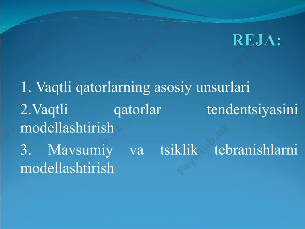 rni tuzish uchun ko’proq quyidagi funktsiyalar qo’llaniladi: chiziqli trend: giperbola: eksponentsial trend: ko’rsatkichli funktsiya shaklidagi trend: ikki va undan yuqori tartibli parabola: tendentsiya turlarini aniqlashning bir qancha usullari mavjud. eng ko’p tarqalgan usullar qatoriga o’rganilayotgan jarayonni sifat jihatidan tahlil qilish, qator darajalarini vaqtga bog’liqligi grafigini qurish va uni tahlil qilish, dinamikaning ayrim asosiy ko’rsatkichlarini hisoblash usullarini kiritish mumkin. tendentsiya turlarini aniqlashda qator darajalarining avtokorrelyatsiya koeffitsientlarini qo’llash mumkin. tendentsiya turi berilgan va qayta tuzilgan qatorlar darajalari bo’yicha hisoblangan birinchi tartibli avtokorrelyatsiya koeffitsientlarini solishtirish yo’li bilan aniqlanadi. trend parametrlarini hisoblash. misol.«n»-yilning 10 oyi nominal oylik ish haqining oylar bo’yicha «n-1»-yilning dekabr oyidagi darajasiga nisbatan foiz hisobida o’sish sur’ati haqidagi ma’lumotlar 1-jadvalda berilgan. oylar nominal oylik ish haqining o’sish sur’ati oylar nominal oylik ish haqining o’sish sur’ati yanvar 82,9 iyun 121,6 fevral 87,3 iyul 118,6 mart 99,4 avgust 114,1 aprel 104,8 sentyabr 123,0 may 107,2 oktyabr 127,3 berilgan vaqtli qatorni grafigini tuzamiz (1-rasm). …