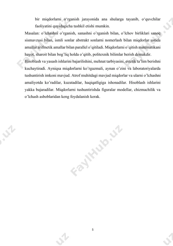 sh malakalari beriladi. chizg’ich bilan qog’ozda kesmalar chizish va o’lchash, turli xil uzunliklarni o’lchashga doir amaliy mashqlar bajartiriladi. dm bilan 2-o’nlikni o’tishda tanishtirish amalga oshiriladi. metr bilan tanishtirish 100 likni o’tishda tanishtiriladi. navbatdagi bosqich o’nliklarni hisoblashda dm va sm ni birgalikda ishlatishdir. o’lchatishlar asosida 5 dm va 4 sm kabi uzunliklar hosil qilinadi va aksincha chizdiriladi. eng kichik uzunliklarni o’lchashda va 1000 liklar mavzusida km tushunchalari beriladi. o’quvchilar chamalash yordamida uzunliklarni o’lchash, qadamlarni metrga aylantirib, uylarigacha yoki boshqa obyektlarigacha bo’lgan masofalarni m va km lar bilan aniqlaydilar. 4-sinfda uzunlik birliklari va ular orasidagi bog’lanishni biladilar va daftar orqasidagi jadvalni bilib olish topshiriq qilib beriladi. bunda quyidagi topshiriqlar bajariladi: 1 m 1 sm dan qancha katta, 1 dm 1 m dan necha marta kichik, v) 1 mm 1 sm ning qanday qismini, 1 dm 1m ning qanday qismini tashkil qiladi. g) 36647 m, 3807 m kabilarni km va m larda ifodalang. …