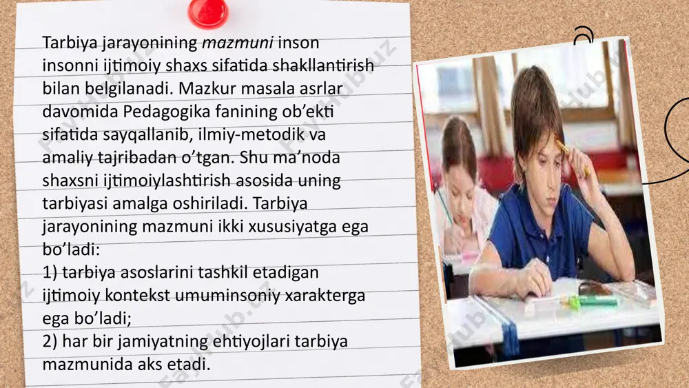 yonida amalga oshiriladigan tarbiya mazmunining asosiy xususiyatlarini quyidagilar tashkil etadi: bu bosqichda oilalarda amalga oshiriladi va unda quyidagi ikki davrga e’tibor qaratiladi: a) homilalik davri (bunda homilali ayollar ma’naviy jihatdan muhofaza qilinadi, chunki bolaning ma’naviy olami homila davrida rivojlanishi ma’lum); b) bola tug’ilganidan 3 yoshgacha bo’lgan davr ( bunda 3 yoshgacha bola turli ruhiy zo’riqishlardan, tahdidlardan, illatlardan himoya etiladi ) . b irinchi bosqich o ‘ zbekistonning hozirgi sharoitida tarbiya jarayonini uzluksiz ma’naviy tarbiya konsepsiyasi asosida amalga oshirish belgilangan. bu borada o ‘ zbekiston respublikasi vazirlar mahkamasining 2019 yil 31 dekabrdagi 1059-sonli “uzluksiz ma’naviy tarbiya konsepsiyasini tasdiqlash va uni amalga oshirish chora-tadbirlari to ‘ g ‘ risida”gi q arori qabul qilindi. mazkur konsepsiyaga asosan pedagogika fanida shaxsni aqliy, jismoniy, ruhiy-ma’naviy, mehnat va estetik tarbiyasini ma’naviy tarbiya tushunchasi asosida amalga oshirish belgilandi. bu hodisa ta’lim jarayonida uzluksiz tarzda amalga oshirilib, pedagogika fanida yangicha yondashuv hisoblanadi. olivia wilson tarbiya jarayonining mazmuni inson …