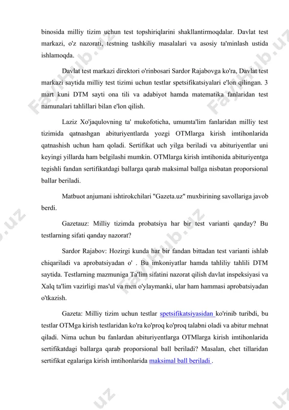 t tillaridan sertifikat egalariga kirish imtihonlarida maksimal ball beriladi . laziz xo'jaqulov: agar abituriyent oladi xoxlasa, u yozgi otmga kirish imtihonlarida ham qatnasha. ikkinchi masala. men uylaymanki, bu (proporsional ball) to'g'ri, chunki chet elda otmga kirayotganda talab otmlar o'zlari qo'yadi. masalan, ielts 6.5 yoki 7 bo'lsin deydi. o'ylab ko'ring, uchun men (milliy test tizimida) 61 ball oldim va menga (otmga kirishda) maksimall ball berilyapti, sherigim esa 90 ball oldi va unga ham maksimal ball berilyapti. bu yerda abituriyent adolatsizlik deydi. sardor rajabov: umumta'lim fanlaridan milliy test tizimi maktab dasturidan chetga chiqmaydi. chet tilidan b2 va undan yuqori sifatli sertifikat egalariga otmlarga kirish imtihonlarida maksimal ball beriladi. davlat ta'lim standartiga ko'ra esa maktab o'quvchilari b1 daraja bilan bitiradi. shu sababli ham, ya'ni maktabda berilmagan bilimi borligi chet tilida maksimal ball beriladi. gazeta.uz: 2018 yildagi 3775-sonli prezident qarorida umumta'lim fanlaridan sat darajasidagi halqaro sertifikati bor abituriyentlarga otmlarga kirish imtihonlarida shu fanlardan maksimal …