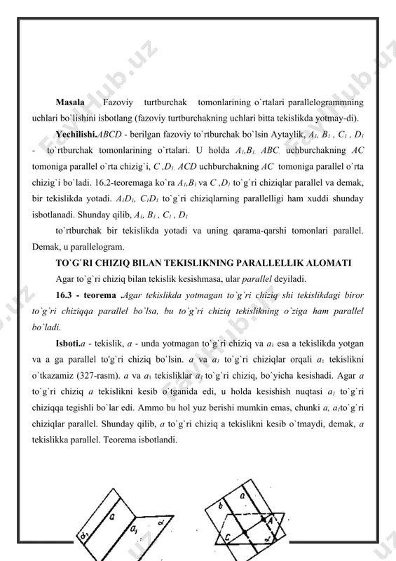 chi to’g’ri chiziqning tenglamasi tuzilsin. quyidagi to’g’ri chiziqlar bilan tuzilgan burchak topilsin: ва 816. uchlari а ( + 3; - 1; 0), - 7; 3), с ( - 2; + 1; - 1), d ( + 3; + 2; + 6) nuqtalarda yotgan tetraedrning qarama – qarshi qirralari orasidagi burchaklar topilsin. 818. quyidagi to’g’ri chiziqning yunaltiruvchi kosinuslari hisoblab topilsin: 819. ikki to’g’ri chiziq orasidagi burchak topilsin: ва 1. ( + 2; - 5; + 3) nuqtadan а) z o’qiga parallel to’g’ri chiziq o’tkazilsin; b) to’g’ri chiziqqa parallel to’g’ri chiziq o’tkazilsin; 822. quyidagi to’g’ri chiziqlarning kesishish yo kesishmasligi tekshirib ko’rilsin: а) ва b) ва 823. а ( +2; +3; + 1) nuqtadan to’g’ri chiziqqa o’tkazilgan perpendikulyarning tenglamalari tuzilsin. 824. koordinatalar boshidan тo’g’ри chiziqqa perpendikulyar tushirilsin. 825. а ( + 4; - 1) nuqtadan shunday to’g’ri chiziq o’tkazilsinki, u quyidagi ikki to’g’ri chiziqni kessin: ва 826. quyidagi ikki to’g’ri chiziqni ва kesuvchi …