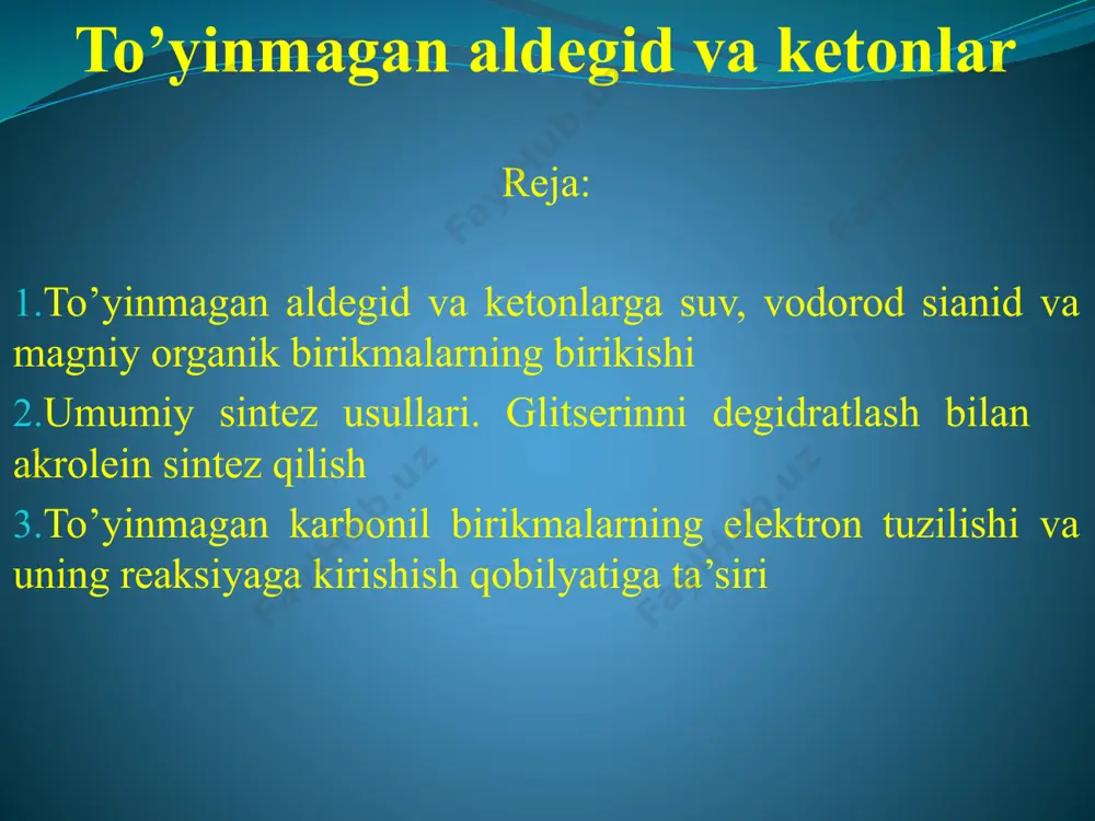 hcn ni qo’shbog’ hisobiga biriktirib oladi: metilvinilketon oson polimerlanadi. u plastmassalar ishlab chiqarishda ishlatiladi. 8 aromatik aldegid va ketonlar aromatik aldegid va ketonlarning tuzilishida aromatik halqada karbonil c=o guruhi mavjud bo’ladi. karbonil guruhi aromatik halqa bilan bevosita yoki yon zanjirda bo’lishi mumkin. agar, aromatik aldegidlarda karbonil guruhi aromatik halqa bilan bevosita bog’langan bo’lsa, bunday aldegidlarning nomi tegishli aromatik kislotalarning nomidan keltirib chiqariladi. 9 aromatik aldegidlar. aromatik aldegidlarni yog’ qator aldegidlarini olish usullaridan foydalanib hosil qilish mumkin. shuning bilan bir qatorda aromatik aldegidlar olishning ayrim yog’ qator aldegidlarini olishdan farq qiladigan usullari ham mavjud. shular bilan qisqacha tanishib chiqamiz. 1. uglevodorodlarning oksidlanishi. benzolning gomologlari, masalan, toluol havo kislorodi bilan katalizatorlar ishtirokida oksidlanganda benzaldegidni hosil qiladi: 2. aromatik halqaga aldegid guruhini kiritish. aromatik uglevodorodlarga uglerod-(ii)-oksid bilan vodorod xlorid aralashmasi katalizator ishtirokida ta’sir etilganda aromatik aldegidlar hosil bo’ladi: bu reaksiyada oraliq mahsulot sifatida formil xlorid hosil bo’ladi: benzol bu jarayonga qiyin kirishadi. uning …