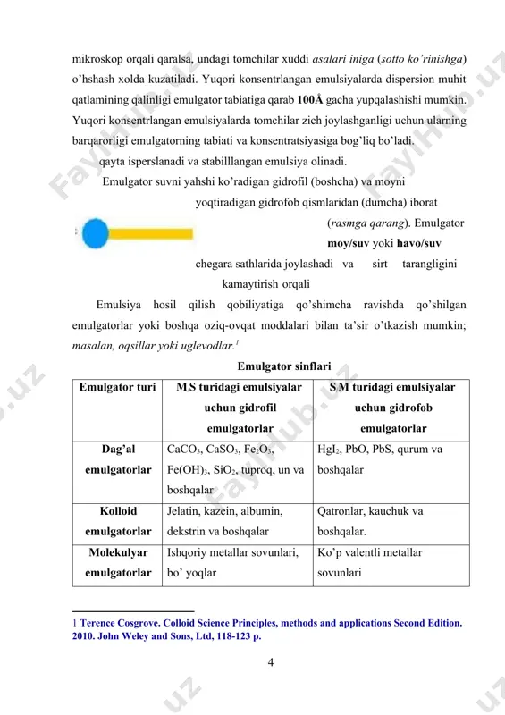 o’rsatadi. bordiyu dispersion muhit “moy” bo’lsa zanjirda tok bo’lmaydi. 3) emulsiyani rangga bo’yash orqali ham uning turini aniqlasa bo’ladi. buning uchun emulsiyani tashkil qilgan suyuqliklardan faqat birida eriydigan bo’yoq olinib, bu bo’yoq emulsiyaga qo’shiladi va emulsiyaning bir tomchisi mikroskop ostida qaraladi. masalan, sydan-iii moyda eriydigan qizil rangdagi bo’yoq: m/s s/m 4) emulsiya tomchisini gidrofob yoki gidrofil sathni xо’llashi orqali. masalan, emulsiyani filtr qog’ozni hо’llashi kuzatiladi. 5) flyuoressensiya usuli – s/m turidagi emulsiyalarga ultrabinafsha nur berilsa, yorqin ranglar hosil bо’ladi. agar m/s turidagi emulsiyada gidrofil emulgator (masalan, natriy oleat) gidrofob emulgatorga (masalan, kalsiy oleatga) almashtirilsa s/m turidagi emulsiya hosil bo’lishi mumkin. bir turdagi emulsiyaning ikkinchi turdagi emulsiyaga o’tish hodisasi – emulsiya fazalarining almashinuvi deb ataladi. с17h35coonacacl2→=(c17h35coo) ca 13 – rasm. emulsiya fazalarining almashinuvi ko’piklar ko’piklar dag’al dispers sistemalar sinfiga kiradi. agar emulsiyadagi biror suyuqlik o’rniga gaz olinsa, ko’pik xosil bo’ladi. ko’pik – gaz va suyuqlikdan hamda xuddi emulsiyalardagi kabi stabilizatorlardan iboratdir. …