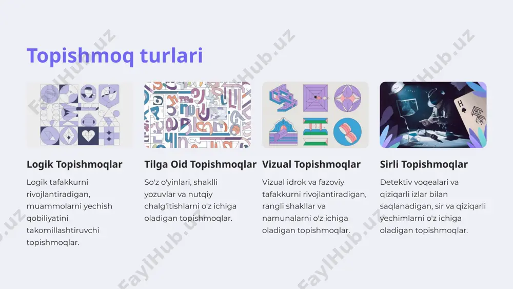 avsiyalar muvaffaqiyatli topishmoq darsini tashkil qilish topishmoqlarni qiziqarli va maroqli qilish, har bir yosh guruhiga mos topishmoqlar tanlash, dars tuzilishiga rioya qilish. topishmoqlarning rivojlantiruvchi xususiyatlarini yaxshilash topishmoqlarni mantiqiy, matematik, xotira, ijodiy fikrlash ko'nikmalarini rivojlantiruvchi tanlash. topishmoq darsi natijalarini samarali baholash bolalarning topishmoq yechish jarayoni va natijalari to'g'risida tizimli baholash tizimini joriy qilish. 12 savollar topishmoq darsida qiziqish va bilimlarni chuqurlashtirish uchun savollar berish muhim hisoblanadi. talabalar nimalarni tushunmadiklar, qanday qo'shimcha ma'lumotlarga ehtiyoj sezayotganlarini aniqlash orqali o'qituvchi darsni yanada yaxshilashi mumkin. savollar turlicha bo'lishi mumkin: topishmoqlarni yanada mukammal yechish uchun kerakli ma'lumotlarni so'rash, darsda o'rganilganlarni takrorlash, yangi mavzularni mustahkamlash va boshqalar. o'qituvchi savollarni aniq maqsad bilan qo'yishi, talabalarga yosh va bilim saviyasiga mos ravishda javob topishlariga imkon berishi lozim. 13 image1.png image2.png image3.png image4.png image5.png image6.png image7.png image8.png image9.png image10.png image11.png image12.png image13.png image14.png image15.png image16.png image17.png image18.png