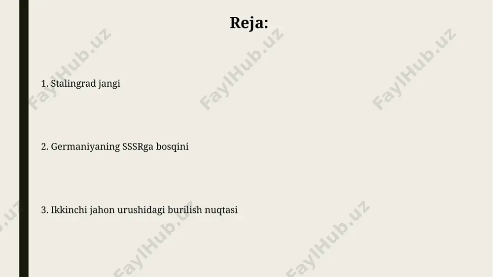 rtiq masofani bosib o'tib, don va volga daryolari bo'ylaridagi nemis pozitsiyalarini egallab oldi. sovet ittifoqining mudofaasi stalingrad jangida sovet qoʻshinlari 1942 yilning kuzida 300 000 dan ortiq askar va ofitserlarni, shuningdek, volga boʻyidagi shaharning koʻplab mudofaa inshootlarini safarbar qildi. don daryosi va volga daryosi boʻylaridagi mudofaa chiziqlari, shuningdek, stalingrad shahri atrofidagi strategik ahamiyatga ega boʻlgan tepaliklar sovet ittifoqining mudofaasida muhim rol oʻynadi. qattiq janglar va qurbonlar nemis armiyasining stalingrad yaqinidagi mag'lubiyati, 6-armiyaning butunlay yo'q qilinishi, fashistik germaniyaning sharqiy frontdagi strategik tashabbusini yo'qotishini belgilab berdi. volga daryosi bo'yidagi shahar janglari, shu jumladan stalingrad, keng ko'lamli qirg'inlarga olib keldi, millionlab tinch aholining hayoti xavf ostida qoldi. stalingrad jangining hal qiluvchi bosqichlari volga daryosi bo'yidagi shahar uchun qattiq janglar, jumladan, fabrikalar va vayronalar uchun olib borilgan shafqatsiz kurash, nemislarning strategik rejalarini barbod qildi va ularning sharqqa hujumini to'xtatdi. 6-armiyaning 330 000 askari stalingrad atrofida qamal qilinganidan so'ng, ularning oziq-ovqat va o'q-dorilarining etishmasligi, shuningdek, …