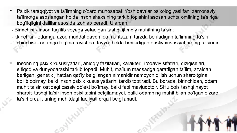 ha; 4) rasmiy operatsiyalar davri. fransuz psixologi a.vallon esa yosh davrlarini quyidagi bosqichlarga ajratadi: 1) homilaning ona qornidagi davri; 2) impulьsiv harakat davri - tug’ilgandan 6 oylikkacha; 3) his-tuyg’u davri (emotsional) - 6 oylikdan 1 yoshgacha; 4) sensomotor (idrok bilan harakatning uyg’unlashuvi) davri - 1 yoshdan 3 yoshgacha; 5) personologizm (shaxsga aylanish) davri - 3 yoshdan - 5 yoshgacha; 6) farqlash davri - 6 yoshdan - 11 yoshgacha; 7) jinsiy yetilish va o’spirinlik davri - 12 yoshdan -18 yoshgacha. rus psixologiyasidagi yosh davrlarini tabaqalash muammosi dastlab l.s.vigotskiy, p.p.blonskiy, b.g.ananьev singari yirik psixologlarning asarlarida o’z aksini topa boshlagan. keyinchalik bu muammo bilan shug’ullanuvchilar safi ortib bordi, shu bois yosh davrlarini tasniflash muammosi o’zining kelib chiqishi, ilmiy manbai, rivojlanish jarayonlariga yondashilishi nuqtai nazaridan bir-biridan keskin farq qiladi. hozirgi vaqtda yosh davrlarini tabaqalash yuzasidan mulohaza yuritishda olimlarning ilmiy qarashlarini muayyan guruhlarga ajratish va ularning mohiyatini ochish maqsadga muvofiqdir. l.s.vigotskiy psixologlarning yosh davrlarini tabaqalash …