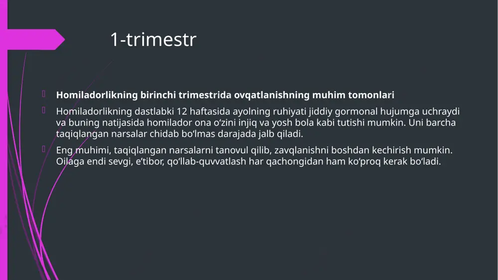 ham iste’mol qilishi kerak. yog`ga boy mahsulotlar homiladorda suyuqlik ichish rejimi homilador ayolning buyraklari shunday tuzilganki, suyuqlik yetishmasa, u faoliyatini to‘xtatadi. boshqacha aytganda, homilador ayol chanqamasligi kerak! qanchalik kam suv ichsa, shish paydo bo‘lish ehtimoli oshishi mumkin. ichimlik haqida gapirganda, albatta, suvni nazarda tutamiz. kuniga 3 litrgacha suv ichish mumkin — bu me’yor. yangi siqilgan sharbat va o‘simlik choylari, kofeinsiz qahva ichish mumkin, ammo qadoqlangan ichimliklar va turli xil shirin gazlangan ichimliklar ko‘p qabul qilinishi shart emas. ich qotishi gormonlarning birgalikdagi ta'siri, faollikning pasayishi, bolaning vazni va bo'yining o'sishi ich qotishiga olib kelishi mumkin. shifokor tavsiyasisiz surgi vositalarini qabul qilmang. yaxshisi, ovqatlanish ratsioningiz va hayot tarzingizni to'g'rilang. ko'p donli dukkaklilar, yangi meva va sabzavotlar kabi kletchatkaga boy ovqatlar iste'mol qiling. dietologlar kuniga taxminan 30 gramm kletchatka iste'mol qilishni maslahat berishadi. ichak bo'shashini yengillashtirish uchun ko'proq suv iching. muntazam ravishda jismoniy mashqlar qiling - hatto erta tongda sekinlik bilan yurish ham …