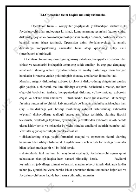 haqida hech narsani bilmasligi kerak. fayllarni joylashtirish jadvallarga xizmat ko‘rsatish, ulardan axborot izlash, disklarda fayllar uchun joy ajratish bo‘yicha barcha ishlar operatsion tizimi tomonidan bajariladi va foydalanuvchi bular haqida hech narsa bilmasligi mumkin. nusxa ko‘chirish dasturi ishlayotgan paytda turli xildagi vaziyatlar, masalan, axborotni o‘qish yoki yozish vaqtida uzulishlar, buzilishlar, nusxa ko‘chirilayotgan fayl uchun disketada joy bo‘lmay qolishi va hokazolar kabi holatlar ro‘y berishi mumkin. mana shunday barcha vaziyatlar uchun tegishli xabarlar va to‘g‘rilovchi harakatlarni hisobga olib qo‘yish kerak. operatsion tizim foydalanuvchidan bu murakkab va unga kerak bo‘lmagan tafsilotlarni yashiradi va unga ishlashi uchun qulay bo‘lgan interfeysni taqdim etadi. tizim, shuningdek, turli yordamchi harakatlar, masalan, fayllarni ko‘chirish yoki chop etishni ham bajaradi. operatsion tizim tezkor xotiraga hamma dasturlarni yuklashni amalga oshiradi, ular ishlay boshlashi bilan boshqarishni ularga topshiradi, bajarilayotgan dasturlarning so‘rovi bo‘yicha turli harakatlarni bajaradi va tezkor xotirani yakunlangan dasturdan tozalaydi. odatda, ibm pc shaxsiy kompyuterni microsoft firmasining ms dos operatsion …