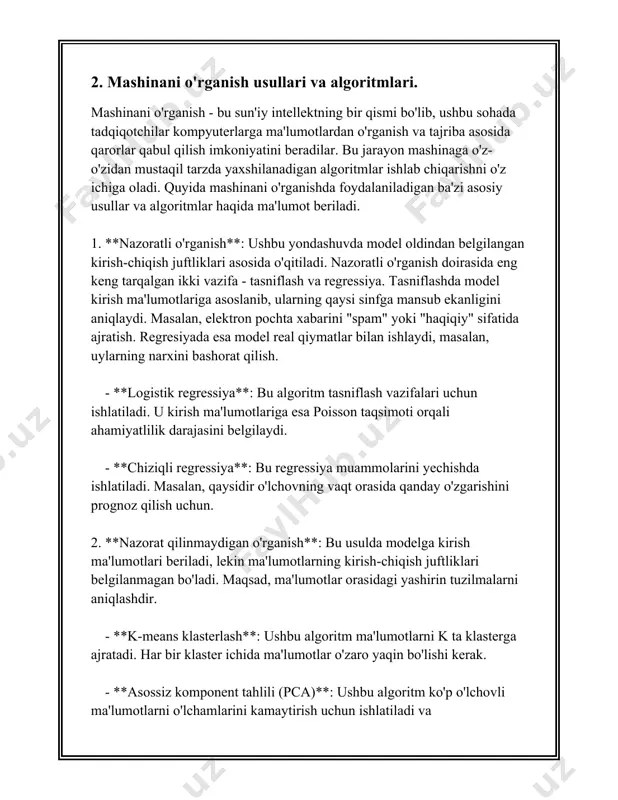 va ko'plab boshqa sohalarda muvaffaqiyatli ravishda qo'llanilib kelinmoqda. shu orqali korxonalar o'z ish jarayonlarini optimallashtirish, foydalanuvchilarga xizmatni shaxsiylashtirish va yangi imkoniyatlarni kashf etish imkoniyatiga ega bo'lmoqda. 3. ma'lumotlarni tahlil qilish usullari. albatta, quyida "ma'lumotlarni tahlil qilish usullari" mavzusi bo'yicha batafsil ma'lumotlarni taqdim etaman. ### ma'lumotlarni tahlil qilish usullari ma'lumotlarni tahlil qilish statistika, ma'lumotlar konikmasi va algoritmlar yordamida ma'lumotlardan foydali axborotni chiqish jarayonidir. quyida ma'lumotlarni tahlil qilishning ba'zi asosiy usullari bilan tanishamiz. 1. **deskriptiv statistik usullar** deskriptiv statistika ma'lumotni yig'ish, tavsiflash va tartiblash orqali o'ziga xos tasvirni beradi. uni qo'llash orqali umumiy tasavvurlar hosil qilinadi. misollar: - o'rtacha qiymat (mean) - median - mod - variatsiya (variance) - standart og'ish (standard deviation) - tarqatish diagrammalari (distribution plots) - gistogrammalar (histograms) 2. **inferensial tahlil usullari** inferensial statistika ma'lumotlar to'plamidan taxminiy xulosalar chiqarish uchun qo'llaniladi. bu usulda sifatli qaror qabul qilish uchun kichik namunalar asosida butun populyasiya haqida xulosalar chiqariladi. misollar: - regressiya …