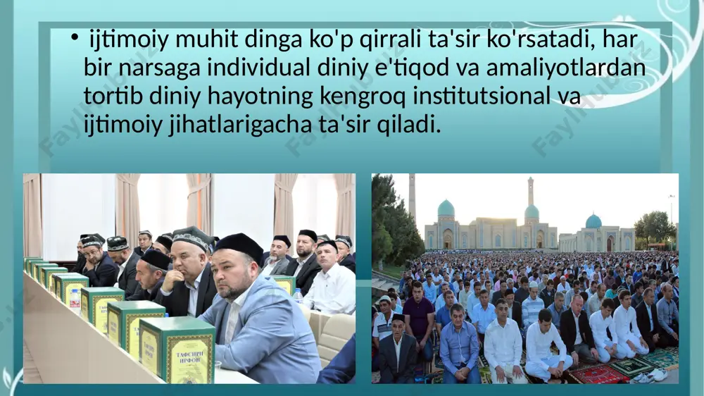 ing diniy tushunchasini aks ettiruvchi maxsus marosimlar, barakalar yoki ramziy harakatlarni o'z ichiga oladi. 3. diniy bayramlar va bayramlar: diniy jamoalar oʻz eʼtiqodlari tarixidagi muhim voqealarni, shuningdek, muhim diniy arboblar yoki tamoyillarni xotirlaydigan turli bayramlar va muqaddas kunlarni nishonlaydilar. ushbu bayramlar maxsus ibodatlar, ro'za tutish, ziyofatlar va madaniy an'analarni o'z ichiga olishi mumkin. 4. ziyoratlar: ba'zi diniy an'analar muqaddas joylarga yoki ma'naviy ahamiyatga ega joylarga ziyorat qilishni rag'batlantiradi yoki talab qiladi. ziyoratlar ko'pincha sayohatning bir qismi sifatida o'ziga xos marosimlar, ibodatlar va ibodatlarni o'z ichiga oladi. 5. diniy kiyim va ramzlar: ko'pgina dinlarda diniy marosimlar bilan bog'liq bo'lgan o'ziga xos kiyim kodlari, ramzlar va narsalar mavjud. bularga kiyim-kechak, zargarlik buyumlari, diniy matnlar, piktogrammalar va diniy arxitektura kiradi. 6. axloqiy va axloqiy me'yorlar: diniy urf-odatlar ko'pincha imonlilarning kundalik hayotida, shuningdek, nizolarni hal qilish, kechirimlilik va xayriya kabi muayyan vaziyatlarda xatti-harakatlari va o'zaro munosabatlariga rahbarlik qiluvchi axloqiy va axloqiy ta'limotlarni o'z ichiga …
