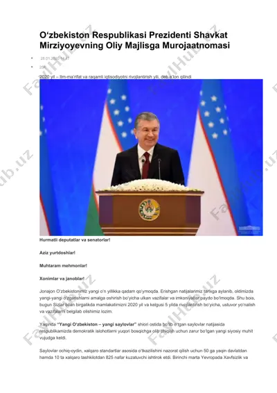o‘zbekiston respublikasi prezidenti shavkat mirziyoyevning oliy majlisga murojaatnomasi — DOCX