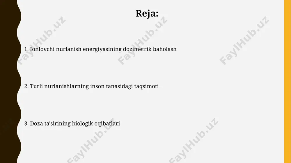 , yuqori zichlikda energiya yo'qotadi va shu sababli katta biologik ta'sir ko'rsatadi. betatronlardan olingan yuqori energiyali elektronlar to'qimalarda 100 mev gacha bo'lgan energiyalar bilan bir necha santimetr masofaga qadar kirib boradi, bu esa terapiya davolashda chuqur joylashgan o'smalarni nishonga olish imkonini beradi. doza-ta'sir munosabatlari nurlanishning turli turlari (alfa, beta, gamma) bir xil dozada ham turli darajada biologik ta'sir ko'rsatadi; masalan, alfa nurlanishining nisbiy biologik samaradorligi (nbe) beta nurlanishiga nisbatan 20 barobar yuqori. doza-ta'sir munosabatlari kavissimon xususiyatga ega bo'lib, past dozalarda ta'sir zaif, yuqori dozalarda esa eksponentsial ravishda ortadi; masalan, 5 gy dan yuqori dozalarda o'lim xavfi keskin oshadi. dozimetrik modellashtirish dozimetrik modellashtirishda nurlanishning energiya o'tkazuvchanligi (let) koeffitsiyentini 1 kev/µm dan 100 kev/µm gacha bo'lgan diapazonda aniq hisoblash, biologik ta'sirni aniq baholash uchun muhimdir. inson tanasidagi nurlanish ta'sirini modellashtirishda fantom modellari, masalan, mird fantomi, nurlanishning 3d taqsimlanishini taxminan 1000 ga yaqin elementga bo'lib o'rganish imkonini beradi. kelajakdagi tadqiqotlar yo'nalishlari kelajakdagi tadqiqotlar …