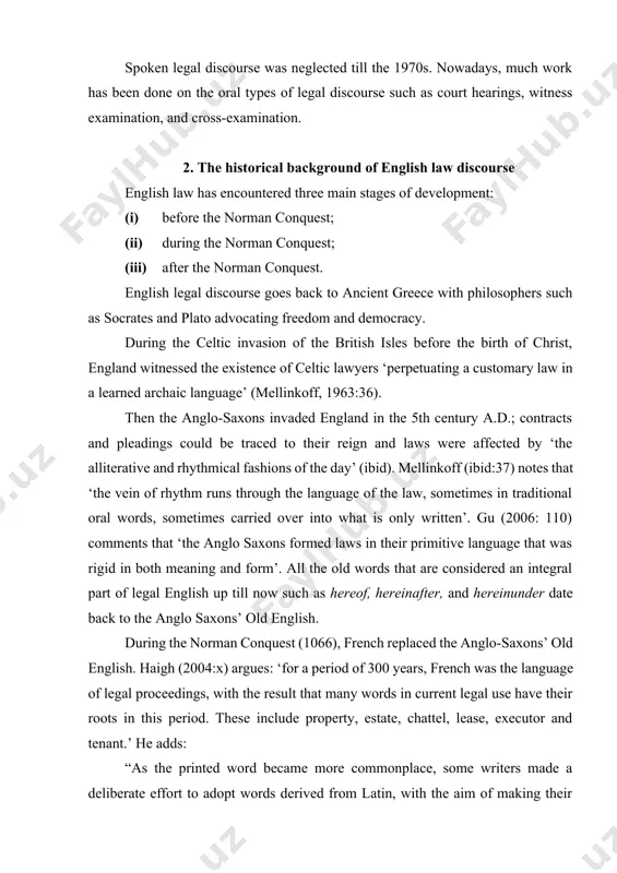 ack to ancient greece with philosophers such as socrates and plato advocating freedom and democracy. during the celtic invasion of the british isles before the birth of christ, england witnessed the existence of celtic lawyers ‘perpetuating a customary law in a learned archaic language’ (mellinkoff, 1963:36). then the anglo-saxons invaded england in the 5th century a.d.; contracts and pleadings could be traced to their reign and laws were affected by ‘the alliterative and rhythmical fashions of the day’ (ibid). mellinkoff (ibid:37) notes that ‘the vein of rhythm runs through the language of the law, sometimes in traditional oral words, sometimes carried over into what is only written’. gu (2006: 110) comments that ‘the anglo saxons formed laws in their primitive language that was rigid in both meaning and form’. all the old words that are considered an integral part of legal english up till now such as hereof, hereinafter, and …