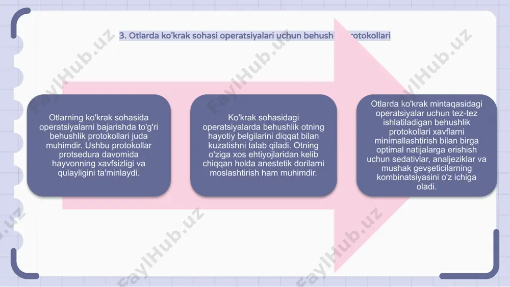 rlari boshqarishga tayyor bo'lishi kerak bo'lgan umumiy asoratlardan biridir. ushbu xavflarni minimallashtirish uchun operatsiyadan oldin to'liq baholash, ehtiyotkorlik bilan jarrohlik texnikasi va operatsiyadan keyingi parvarish zarur. veterinariya mutaxassislari paydo bo'lishi mumkin bo'lgan har qanday asoratlarni bartaraf etish va otning eng yaxshi tiklanishini ta'minlash uchun tezda harakat qilish uchun jihozlangan bo'lishi kerak. 12. otlar uchun ko'krak sohasi operatsiyalarida to'g'ri tashxis qo'yishning ahamiyati otlarning ko'krak sohasidagi operatsiyalarida muvaffaqiyatli natijalarni ta'minlash uchun turli usullar qo'llaniladi. bular ommaviy olib tashlash, biopsiya yoki o'simta eksizyonini o'z ichiga olishi mumkin. to'g'ri tashxis qo'yish operatsiyaga yondashuvni aniqlashda hal qiluvchi rol o'ynaydi. ko'krak sohasidagi o'ziga xos muammoni aniqlash maqsadli va samarali davolash imkonini beradi. jarrohlar ko'krak hududida operatsiya qilishda otlarning noyob anatomiyasini hisobga olishlari kerak. aniqlik va mahorat hayvonning xavfsizligi va farovonligini ta'minlashning kalitidir. 13. otlarda ko'krak mintaqasidagi operatsiyalardan keyin reabilitatsiya va fizika terapiyasi otlarda ko'krak qafasidagi operatsiyalardan so'ng, tiklanishning muhim jihati reabilitatsiya va fizioterapiya hisoblanadi. ushbu usullar …