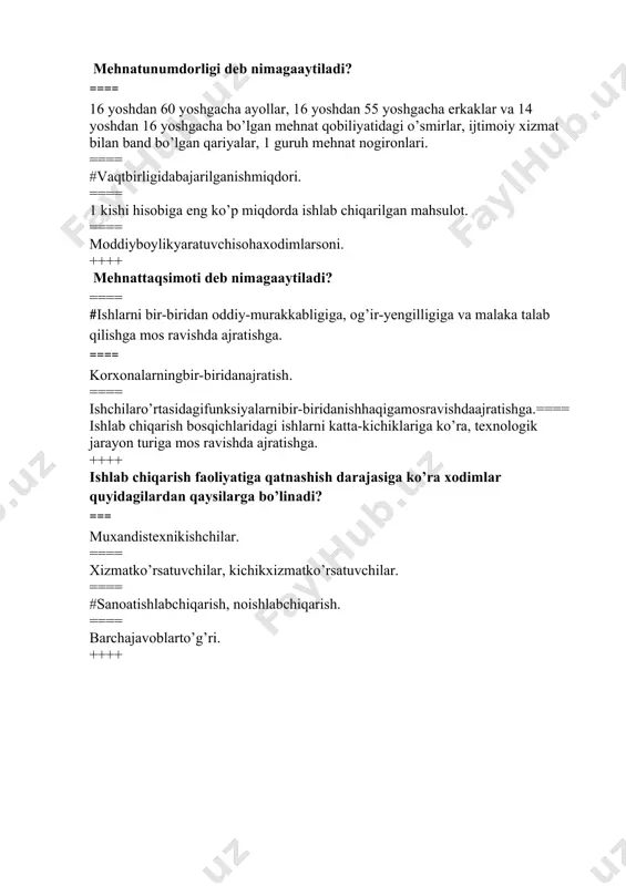 xodimlar quyidagilardan qaysilarga bo’linadi? === muxandistexnikishchilar. ==== xizmatko’rsatuvchilar, kichikxizmatko’rsatuvchilar. ==== #sanoatishlabchiqarish, noishlabchiqarish. ==== barchajavoblarto’g’ri. ++++ aylanma fondlar – bu … ==== xomashyo, mashina. ==== #xomashyo, yoqilg’i. ==== yoqilg’i, inshoot. ==== eenergiya, bino. ++++ lizing nima? ==== qarz sifatida qaytarib berishsh arti bilan beriladigan ssuda ==== kreditning bir shakli ==== #asosiy vositalarning uzoq muddatli ijara shakli ==== tto’grijavob yo’q. ++++ jismoniy shaxs – bu: ==== mustaqil muassasa. ==== mustaqil korxona. ==== o’z mulkiga ega bo’lib, majburiyatlari uchun shu mulki bilan javob beradigan, belgilangan tartibda davlat ruyhatidan o’tgan va mulkini mustaqil boshqaribborayotgan tashkilot. ==== #mamlakatning huquqli bo’lish qobiliyatiga ega bo’lgan fuqarosidir. ++++ o’zbekiston respublikasi qonunlariga ko’ra chakana savdoda kichik korxonalar turkumiga odatda hisobot davrida ulardagi xodimlarning o’rtacha: ==== #10 nafargacha. ==== 15 nafargacha. ==== 7 nafargacha. ==== 5 nafargacha. ++++