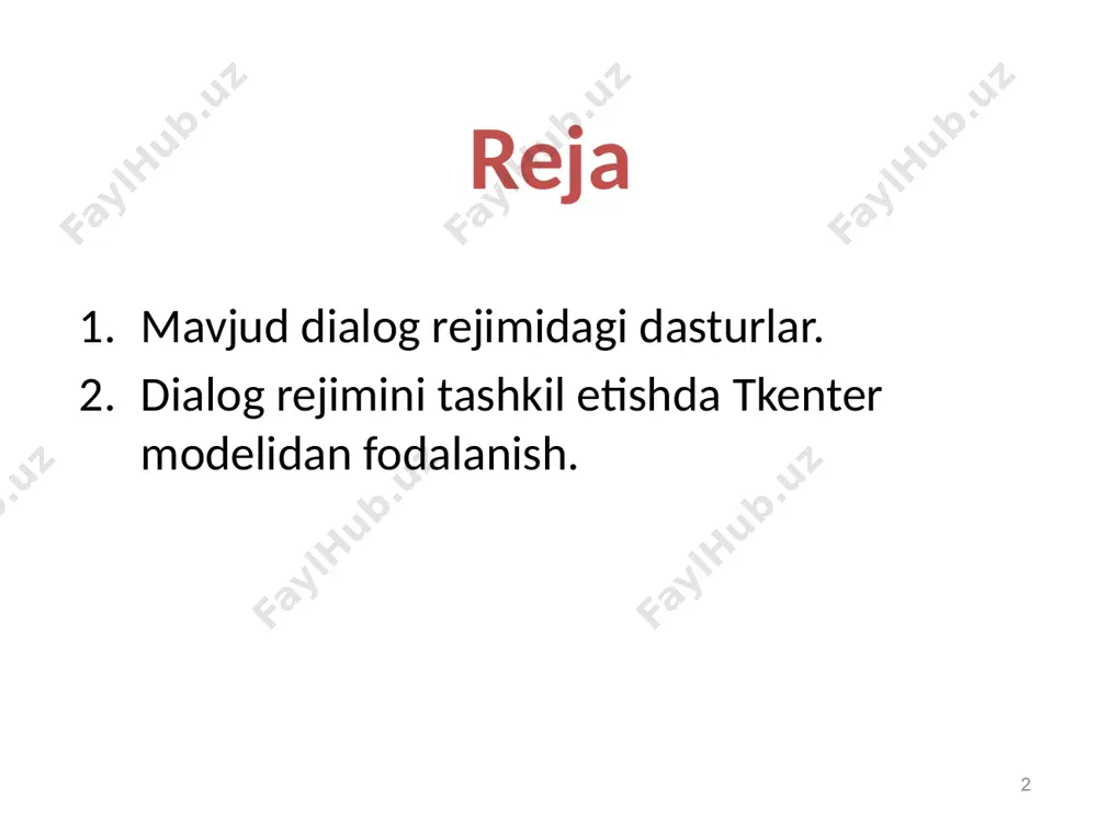 g mashhur iqtiboslaridan biridan foydalanib xabar vidjetini yaratadi: import tkinter as tk master = tk.tk() whatever_you_do = "nima qilishingiz muhim emas, muhimi uddalaganingiz (mahatma gandi)" msg = tk.message(master, text = whatever_you_do) msg.config(bg='blue', font=('times', 24, 'bold')) msg.pack() tk.mainloop() dastur natijasi. t u g m a l a r ( b u t t o n s ) tugma vidjeti tkinterning standart vidjeti hisoblanib, undan turli tugmalarni yaratishda foydalaniladi. tugma – foydalanuvchi u bilan aloqaga kirishish uchun moʻljallangan boʻlib, agar unga bosilsa qanaqadir hodisa roʻy berishi kerak. ular shuningdek, yorliqlar kabi matn va rasmlarni oʻz ichiga olishi mumkin. yorliq vidjetlari matnni turli shriftlarda koʻrsatolsa, tugma faqatgina bitta shriftda koʻrsatadi. tugmaning matni bir nechta qatorlarga ajratib yozilishi mumkin. python funksiyasi yoki metodini tugma bilan bogʻlash imkoniyati mavjud. agar tugma bosilsa, ushbu funksiya yoki metod ishga tushadi. quyidagi skriptda ikkita tugma belgilangan: biri ilovadan chiqish uchun, boshqasi “tkinterni tutorials.uz bilan o‘rganish oson!” matnini terminalga …