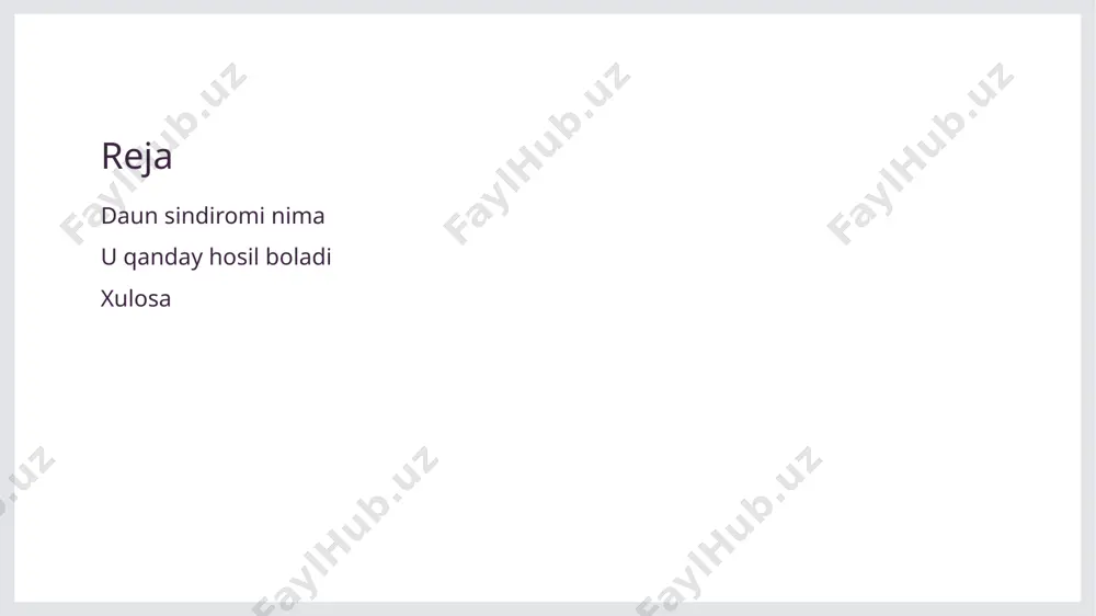 ndiromi, insonning 21-xromosomasi ortiqcha bo'lishi natijasida paydo bo'ladi, bu genetik anomaliyalarning bir turi hisoblanadi. 2 o'ziga xos xromosomalar odatda, insonda 46 xromosoma mavjud: 23 juft. trisomiya 21 holatida 21-xromosoma juftligiga qo'shimcha xromosoma qo'shiladi. 3 mavjudlik sabablari trisomiya 21 asosan embrionning rivojlanishi bosqichida xromosomalar ajralishida xato yuz berishidan kelib chiqadi, bu genetik muammolarni keltirib chiqaradi. 4 davolash va yordam trisomiya 21 uchun davolash yo'q, lekin ertalabdan boshlab maxsus ta'lim va reabilitatsiya yordamida bolalar o'z salohiyatlarini rivojlantirishlari mumkin. daun sindiromi: o'ziga xos xususiyatlari va ta'siri. 1 o'ziga xos belgilari daun sindiromining asosiy belgilaridan biri past bo'y, yuzning o'ziga xos shakllari va mushak tonusining pasayishi hisoblanadi. 2 aqliy rivojlanish ushbu sindromga chalingan shaxslar ko'pincha aqliy rivojlanish va kognitiv qobiliyatlarda kechikishlarga duch keladilar, bu esa ta'lim jarayonini murakkablashtiradi. 3 ijtimoiy ta'siri daun sindiromi ijtimoiy munosabatlar va o'zaro aloqalarda qiyinchiliklar keltirib chiqarishi mumkin, bu esa shaxsning hayot sifatiga ta'sir qiladi. trisomiya 21 va uning hayotga …