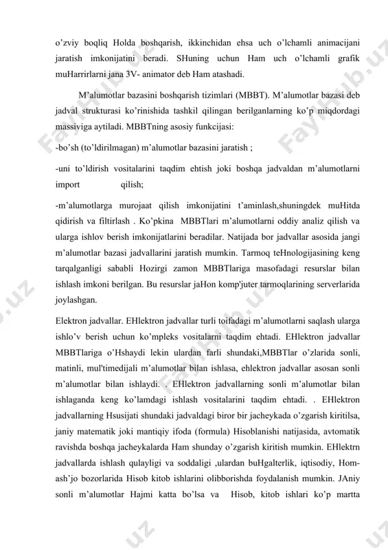 sitalarini taqdim ehtadi. . ehlektron jadvallarning hsusijati shundaki jadvaldagi biror bir jacheykada o’zgarish kiritilsa, janiy matematik joki mantiqiy ifoda (formula) hisoblanishi natijasida, avtomatik ravishda boshqa jacheykalarda ham shunday o’zgarish kiritish mumkin. ehlektrn jadvallarda ishlash qulayligi va soddaligi ,ulardan buhgalterlik, iqtisodiy, hom-ash’jo bozorlarida hisob kitob ishlarini olibborishda foydalanish mumkin. janiy sonli m’alumotlar hajmi katta bo’lsa va hisob, kitob ishlari ko’p martta qaytarilsa, ularni avtomatlashtirish uchun ehlektrn jadvallardan foydalanish mumkin. avtomatlashtirilgan loihalash tizimlari. bu tizimlar konstruktor-loihalash ishlarini avtomatlashtirish uchun mo’ljallangan.ulardan asosan mashinasozlikda, qurilmalarni qurishda va arhitekturada foydalanishadi. grafik-chizma ishlaridan tashqari bu tizimlar oddiy hisob,kitob ishlarini va m’alumotlar bazasidan tayjor konstruktiv ehlementarni tanlash imkonijatini beradi. masalan mashinasozlikda bu tizimlar mahsulotni yiqish, chizmasi asosida detallarning ishchi chizmalarini avtomat ravishda bajarish, mehanik ishlarni ketmaketligini ko’rsatgan holda tehnik hujatlarni tayjorlash, kerakli asboblarni tainlash, shuningdek raqamli dasturlar jordamida boshqariluvchi dasgohlar uchun, sanoat robotlarini boshqarish uchun boshqarish dasturlarini tayorlash imkonini beradi. hozirgi kunda loihalashni avtomatlashtirish tizimlari, tehnologik jarayonlarda …