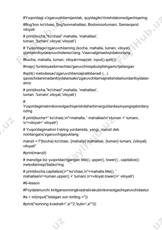 friends = ['ali', 'cleverboy', "go'zalina"] #ro'yxatdagi harbirdo'stingizgaqisqaxabaryozibkonsolgachiqaring: # print("salommeningdo'stim ",friends[0].title()) # oshna=friends[1].title() # print("assalomu alaykum !",oshna) # print("vazifalarqale :) ",friends[2].title()) #sonlar deb nomlanganro'yxatyaratingvaichigaturlisonlarniyuklang (musbat, manfiy, butun, o'nlik). numbers = [1, 11, 1.7, -1.2, -7] #yuqoridagi ro'yxatdagisonlarustidaturliarifmetikamallarbajaribko'ring. #print(numbers[1]+numbers[-2],numbers[0]*numbers[3]) #ro'yxatdagi ba'zisonlarningqiymatinio'zgartiring, ba'zilariniesaalmashtiring # numbers.remove(11) # numbers[1] = 55 # numbers[2] = numbers[-1] - (-23) # del numbers[-3] # #print(numbers) # #t_shaxslarva z_shaxslardegan 2 ta ro'yxatyaratingvabirigao'zingizengko'phurmatqilgantarixiyshaxslarning, ikkinchisigaesazamonamizdagitirikbo'lganshaxslarningisminikiriting. # t_shaxslar=["z.m.bobur","a.navoiy",'amir temur'] # z_shaxslar=["clever boy","baby","oyatillo"] # #yuqoridagi ro'yxatlarningharbiridanbittadanqiymatnisug'uribolib (.pop()), quyidagiko'rinishdachiqaring: # #print(f" assalomu alaykum {t_shaxslar.pop(2)} meningismim {z_shaxslar.pop(0)}") # #friendsnomli bo'shro'yxattuzingvaunga .append() yordamida 5-6 ta mehmongachaqirmoqchibo'lgando'stlaringiznikiriting. # friends=[] # friends.append("ali") # friends.append("clever boy") # friends.append("baby") # friends.append("go'zalina") # friends.append("jo'ker") # #print(friends) # #yuqoridagi ro'yxatdanmehmongakelaolmaydiganodamlarni .remove() metodiyordamidao'chribtashlang. # friends.remove("ali") # friends.remove("jo'ker") # #ro'yxatning oxiriga, boshigavao'rtasigayangiismlarqo'shing. # friends.append('oybola') # friends.insert(-1, 'dobbiy') # friends.insert(3, 'oyatillo') # #print(friends) # #yangi mehmonlar deb nomlanganbo'shro'yxatyarating. .pop() va .append() metodlariyordamidamehmongakelgando'stlaringizningismini friends ro'yxatidansug'uribolib, mehmonlarro'yxatigaqo'shing. # mehmonlar = [] # meh