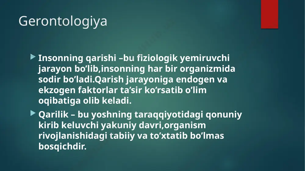 qisqa va to‘kis qismida (ko‘k va qizil rangda) aniqroq aks etadi. psixogerontologik nuqgai nazardan sezish vaqgini tad qilgan e.n.sokolov, e.i.boyko, a.r.luriya sezish vaqti yosh davrining informatsion stimul funksiyasidan boshqa narsa emas, deya xulosa chiqaradilar. ular sezish vaqgining egri chiziqli ko‘rsatkichlarini sxema tarzida ishlab chiqib, keksalik davriga xos ikkita xususiyatni chuqur tahlil qildilar. xuddi shunga o‘xshash ma’lumotlar d.birron, d.botvinnik tajribalarida ham olingan. arestotel qarish bu-insonning yoshligidan boshlab berilgan issiqlikning asta- sekin kamayishidir deb izoh qoldirgan va u inson hayot davrlarini 3 bosqichga bo’ladi. yoshlik kamolot keksalik qarishning birinchi ta’riflari antic davrga to’g’ri keladi.miloddan avvalgi 3 asrda gepokrat qarishni tabiiy issiqlikni kamayishi va tananing qarishi deb ta’riflaydi. bundan 30 ming yil avval 2 ta an’ana bo’lgan misrda: qarilik bu boshqa davrlardan eng foydalisi,keksa odam xudoga yaqin bo’lgan odamdir. spartada: qari bo’lgandan ko’ra uysiz it bo’lgan yaxshi.zaif ,foydasiz, qarilarni jardan uloqtirishgan. agetizm muammo paydo bolsa: 1. o’zimiz echim axtarib ko’ramiz 2. yaqinlarimizdan yordam …