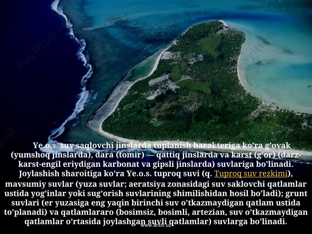 ldi polosalari asosiy suvli manba’lar bulgap toglardan ajralgan xolla uchlamchi va kuyi turtlamchi lavr yotkiziklari bilan koplangan bulib, suvli katlamlar odatda ancha chukurda yotadi. www.arxiv.uz www.arxiv.uz infiltratsion suv tabiatda keng tarqalgan, qolganlari sof holda juda kam uchraydi. aholi, sanoat va yaylovlarni suv bilan ta’minlashda, yerlarni sug’orishda, tibbiyotda (mineral suvlar), issiqlik bilan ta’minlashda (issiq suvlar), har xil tuz va kimyoviy elementlar (yod, bor, brom va b.) olishda ye.o.s. dan foydalaniladi. ye.o.s. yerlarning botqoqlanishi va sho’rlanishiga sabab bo’ladi. bunga qarshi kurashish uchun ochiq va yopiq gorizontam drenajlar va burg’i quduqlari kavlanadi. cho’llarda ye.o.sdan keng foydalanildi. qoraqum, qizilqum va ustyurt yaylovlari asosan ye.o.s. bilan ta’minlangan. www.arxiv.uz www.arxiv.uz u rta osiyo hududida 150 dan ortiq yirik ye.o.s. konlari anikdangan. ularning har yili tiklanib turadigan ekspluatatsion zaxirasi 1500 m3/s dan ortiq, chuchuk suvlar hissasi 1000 m3/s yaqin, qolgan qismi esa turli darajada (2—3 dan 15 g/l gacha) minerallashgan. o’rta osiyoda 40 mingdan ortiq foydalaniladigan burg’i …