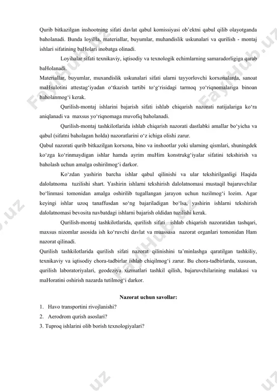 sulot asosida birlashgan, tashkiliy jihatdan o‘zaro bog‘langan ob’ekt oqimlari guruhi. tashkiliy-texnikaviy tayyorgarlik ko‘rilgandan keyingina yangi aerodromlar qurish va borlarini qayta qurishga kirishish lozim. shundagina qurilish montaj ishlarini reja asosida avj oldirish va amalga oshirish, qurilish ob’ektlarini rejada belgilangan muddatlarda foydalanishga topshirish, ishlar tannarxini kamaytirish hamda sifatini oshirish mumkin bo‘ladi. aerodrom qurilishining moddiy-texnikaviy ta’minoti aerodromning quriladigan muhandislik inshootlarini ishlab chiqarish-texnologiya jihatidan butlash, aerodrom qurish ishlarining ishlab chiqarish texnologiyasiga muvofiq keluvchi qurilish buyumlari, materiallari hamda muhandislik uskunalari etkazib berish asosida qurilishning moddiy-texnikaviy bazasi vositasida amalga oshiriladi. qurilishda mehnatni tashkil qilish ishchi kuchidan oqilona foydalanish, ishlab chiqarish jarayonida ishchilarni joy-joyiga qo‘yish, mehnatni taqsimlash va kooperag‘iyalash, uni me’yorlash hamda rag‘batlantirish, ish o‘rinlarini tashkil qilish va ularga xizmat ko‘rsatish, bexatar mehnat sharoiti yaratish chora-tadbirlari tizimini nazarda tutadi. qurib bitkazilgan inshootning sifati davlat qabul komissiyasi ob’ektni qabul qilib olayotganda baholanadi. bunda loyiha, materiallar, buyumlar, muhandislik uskunalari va qurilish - montaj ishlari sifatining baholari inobatga olinadi. loyihalar …