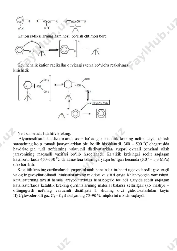 kationning hosil bo‘lishini ancha engillashtiradi. chunki reaksiyaning boshlanishi uchun zarur bo‘lgan alkenlar platinali katalizatorlarda alkan va sikloalkanlarning qisman degidrogenlanishidan hosil bo‘ladi. alkenlar undan keyin kislotali katalizatorda protonlanadi va karbokationlarga xos bo‘lgan barcha reaksiyalarga kirishadi. shuning uchun riforming jarayonidagi kislotali katalitik reaksiyalarning tezligiga katalitik krekingdagiga qaraganda yuqoriroq bo‘ladi. 1.platina katalizatori ishtirokida alkanlarni triengacha degidrogenlab, so‘ngra uni platina yoki alyuminiy oksidida sikllash: 2. platinada halqali oraliq kompleks orqali s5 – sikllanish: 3. platinada alkanlarni alkenlargacha degidrogenlash va alkenlarni alyuminiy oksidida sikllanib besh a’zoli halqani hosil qilishi. reaksiya kelishilgan mexanizm bo‘yicha boradi va bu mexanizm qo‘shbog‘ni kislotali markaz bilan protonlashni hamda shu vaqtning o‘zida zanjirdagi uglerod atomidan protonni ajratib olishni o‘z ichiga oladi hosil bo‘lgan besh a’zoli sikllar kislotali markazlarda olti a’zolilarga izomerlanadi va so‘ngra metallar ishtirokida arenlargacha degidrogenlanadi. tajriba ma’lumotlar aromatlash jarayoni ko‘rib chiqilgan barcha yo‘nalishlar bo‘yicha borishini isbotlaydi. agar dastlabki alkanning asosiy zanjirida oltitadan kam uglerod atomi bo‘lsa, unda aromatlash jarayonidan …