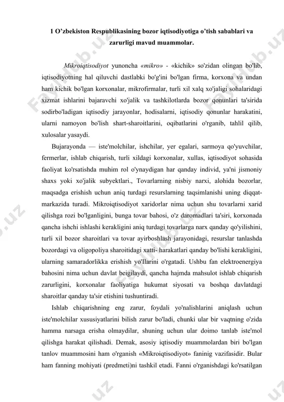 o'nalishlarini aniqlash uchun iste'molchilar xususiyatlarini bilish zarur bo'ladi, chunki ular bir vaqtning o'zida hamma narsaga erisha olmaydilar, shuning uchun ular doimo tanlab iste'mol qilishga harakat qilishadi. demak, asosiy iqtisodiy muammolardan biri bo'lgan tanlov muammosini ham o'rganish «mikroiqtisodiyot» faninig vazifasidir. bular ham fanning mohiyati (predmeti)ni tashkil etadi. fanni o'rganishdagi ko'rsatilgan vazifalar esa uning oldiga qo'ygan maqsadlaridan kelib chiqadi. uning iqtisodiy maqsadlari esa quyidagilardir: · iqtisodiy o'sishni ta'minlash; · ish bilan to'liq ta'minlanish; · iqtisodiy samaradorlikni oshirish; · tovarlar narxining bir me'yorda turishiga erishish; · iqtisodiy erkinlik; · daromadni to'g'ri taqsimlash; · iqtisodiy ta'minlanish; · savdo balansi. iqtisodiy o'sish asosiy iqtisodiy maqsad bo'lib, u aholi jon boshiga mahsulot miqdordagi yalpi milliy mahsulot yoki sof milliy mahsulotning o'sishi kishilarning moddiy ta'minlanish darajasini o'sishiga olib keladi va eng kam ishlab chiqarish xarajatlari bo'lganligini ko'rsatadi. boshqacha qilib aytganda, rivojlanib borayotgan iqtisodiyot kishilarning yangidan-yangi talablarini ko'proq qondira borish, mamlakat ichida va xalqaro miqyosida ijtimoiy-iqtisodiy muammolarni hal …