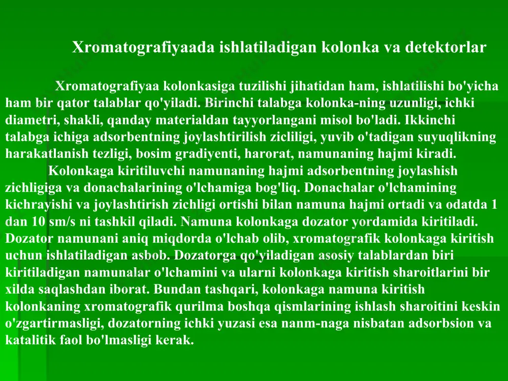 ishi natijasida o'zgaradi. gazlar xromatografik kolonka­dan chiqishda qizdirilgan platina simga tegib katalitik ravishda yonadi. termokimyoviy detektorning sezgirligi katarometrnikiga nisbatan yuqoriroqdir. termokimyoviy detektorning ishlatilishi yonuvchan moddalarga bog'liq ravishda cheklangan. alangali detektorning ishlash prinsipi gorelkaning vodorod alangasi unga organik moddalar kiritilganda o'zgarishiga asoslangan. lonlovchi detektorlarning sezgirligi juda yuqori bo'ladi. masalan, alangali-ionlovchi detektor (aid) 10~12 gacha moddani aniqlash imkonini beradi. bu detektorlarda vodorod gorelkasi alangasining elektr o'tka­zuvchanligi o'lchanadi. toza vodorod alangasining elektr o'tkazuv­chanligi juda kichik bo'ladi. vodorodda organik birikrnalarning ara-lashmalari paydo bo'lganida alanga ionlanadi. ionlanish darajasi ara-lashmaning konsentratsiyasiga mos bo'ladi. uni oson o'lchash mum-kin. bu turdagi detektorlarning juda sezgirligi ularning keng qo'lla-nilishiga sabab bo'ladi. lekin alanga-ionlovchi detektorlar (aid) ning juda sezgirligi faqat organik birikmalarga nisbatan xos bo'lib, ammiak, vodorod sulfid, oltingugurt oksidlari, kislorod, azot va boshqa anorganik moddalarga nisbatan uning sezgirligi keskin pasayadi. lonlovchi detektorlarning ishlash prinsipi tok kuchini o'lchashga asoslangan. eng ko'p tarqalgani alangali-ionlovchi detektor bo'lib, unda alangaga kiritilgan moddalarni ionlashtiruvchi elektrodlar …