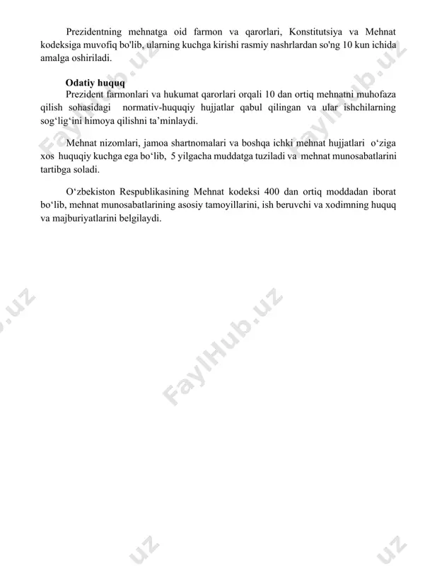 ‘zbekiston respublikasining mehnat kodeksi 400 dan ortiq moddadan iborat bo‘lib, mehnat munosabatlarining asosiy tamoyillarini, ish beruvchi va xodimning huquq va majburiyatlarini belgilaydi. 📌xulosa меҳнат ҳуқуқи манбаларининг концептуал асослари ва турларини ўрганиш, давлатнинг меҳнат муносабатларини тартибга солишдаги ролини ва уларнинг ҳуқуқий таъминотини аниқлашга имкон беради. халқаро стандартлар ва миллий қонунчиликнинг ўзаро боғлиқлиги меҳнат ҳуқуқи тизимининг мустаҳкамлигини таъминлайди. 📚foydalanilgan adabiyotlar 1. халқаро меҳнат ташкилотининг конвенциялари ва рекомендациялари. 2. ўзбекистон республикасининг меҳнат кодекси. 3. ўзбекистон республикасининг бошқа қонунлари ва норматив-ҳуқуқий ҳужжатлари (масалан, кадрларни тайёрлаш ва қайта тайёрлаш тўғрисидаги қонун, ижтимоий ҳимоя тўғрисидаги қонун ва ҳ.к.). 4