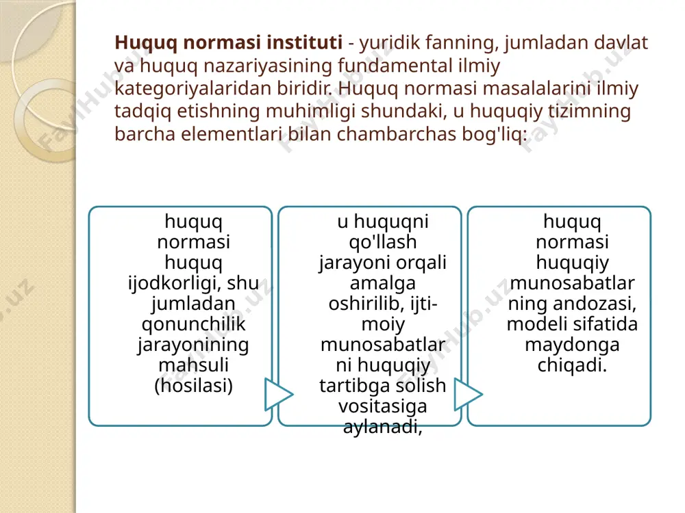 n qurilgan binolarni buzib tashlash va hokazo); v) muhofaza choralari (ishchi va xizmatchilarni agar ular ilgari qonunsiz ishdan bo'shatilgan bo'lsalar, avvalgi ish joyiga qayta tiklash, aliment undirish va hokazo), ko'rsatilgan choralarni tayinlash, ya'ni shaxsga yetkazilgan zararni bartaraf etish va uning buzilgan huquqlarini tiklashga qaratilgan xatti-hara-katlar (bu choralar javobgarlik choralaridan farq qilib, huquqbuzar tomonidan unga tegishli boʻlgan va ilgari ijro qilinmagan majburiyatlarning bajarilishini nazarda tutadi); g) subyektga nisbatan uning o'z xulq-atvori oqibatida kelib chiqadigan noxush oqibatlar (kasalxona rejimini buzish natijasida bemorning vaqtincha mehnatga qobiliyatsizlik nafaqasini yo'qotishi yoxud bu hol uzrli sababsiz yuz berishi va hokazo). sanksiyalarning aniqligiga qarab bo’linishi mutlaq aniq sanksiyalar ularda noxush oqibatlarning miqdori aniq ko'rsatilgan (xodimni xizmat burchini bajarishdan ozod etish, ishdan bo'shatish, jarimaning aniq miqdori va hokazo) bo'ladi; nisbiy aniq sanksiyalar bularda noxush oqibatlar chegarasining eng ozidan eng ko'pigacha yoxud faqat eng ko'pigacha ko'rsatiladi. avvalo, bular jinoyat kodeksining «falon yildan falon yilgacha ozodlikdan mahrum qilish bilan jazolanadi» …