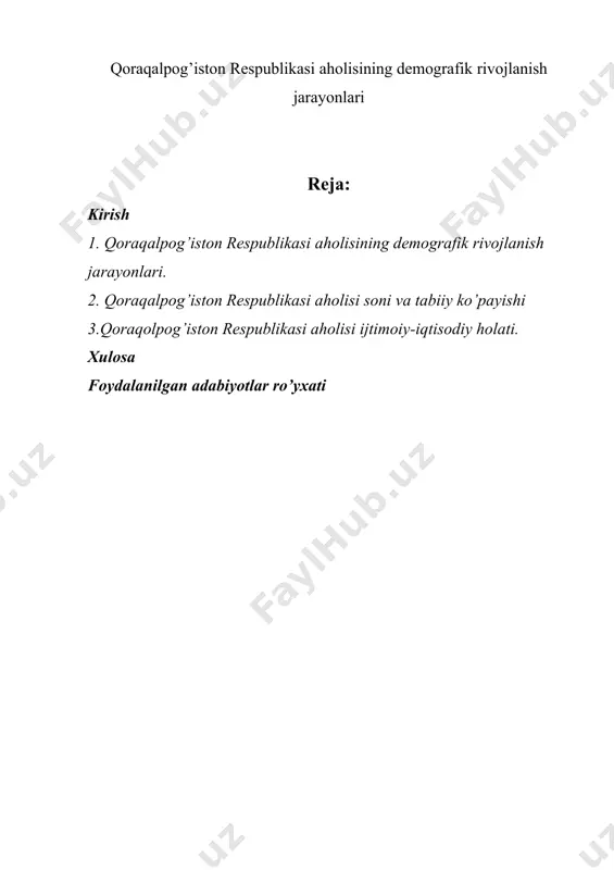 izimi sifatida o'z o'rniga ega bo'la boshladi. aynan man shu fonni chuqur o’rganish mazkur mustaqil ishning maqsadi hisoblanadi. mazkur muntaqil ishda bir smestr davomida geodemografiya kursi bo’yicha olingan bilimlar mustahkamlanadi. umuman olganda ushbu mustqil ishlar amaliy mashg’ulotlar asosida bajarildi. ushbu mustaqil ish bir nechta mavzulardan iborat. bularning umumiy soni 10 taga teng. birinchi mustaqil ishda aholi umumiy soni, o’rtacha yillik aholi sonini va mutloq ko’payishini aniqlash ko’nikmasini shakllantirish va uni hisoblash yo’llari o’rganiladi. ikkinchi mustaqil ishda aholi soni dinamikasining nisbiy ko’rsatkichlarini hisoblash, uchunchi mustaqil ishda aholi yosh tarkibi ko’rsatkichlarini aniqlash va aholi yosh tarkibi piramidasini chizish, to’rtinchi mustaqil ishda aholi tabiiy harakati ko’rsatkichlarini hisoblash, beshinchi mustqil ishda aholi umumiy soni ko’payishi, mexanik ko’payishi va tabiiy ko’payishini topish, oltinchi mustqil ishda tug’ilish, o’lim jarayonlarining maxsus va xususiy koeffitsientlarini hisoblash, yettinchi mustaqil ishda mavzu: aholining qarish koeffitsientini hisoblash, sakkizinchi mustqil ishda aholining mexanik ko’payish koeffitsientlarini topish, to’qqizinchi mustaqil ishda aholining reproduktiv maylini …