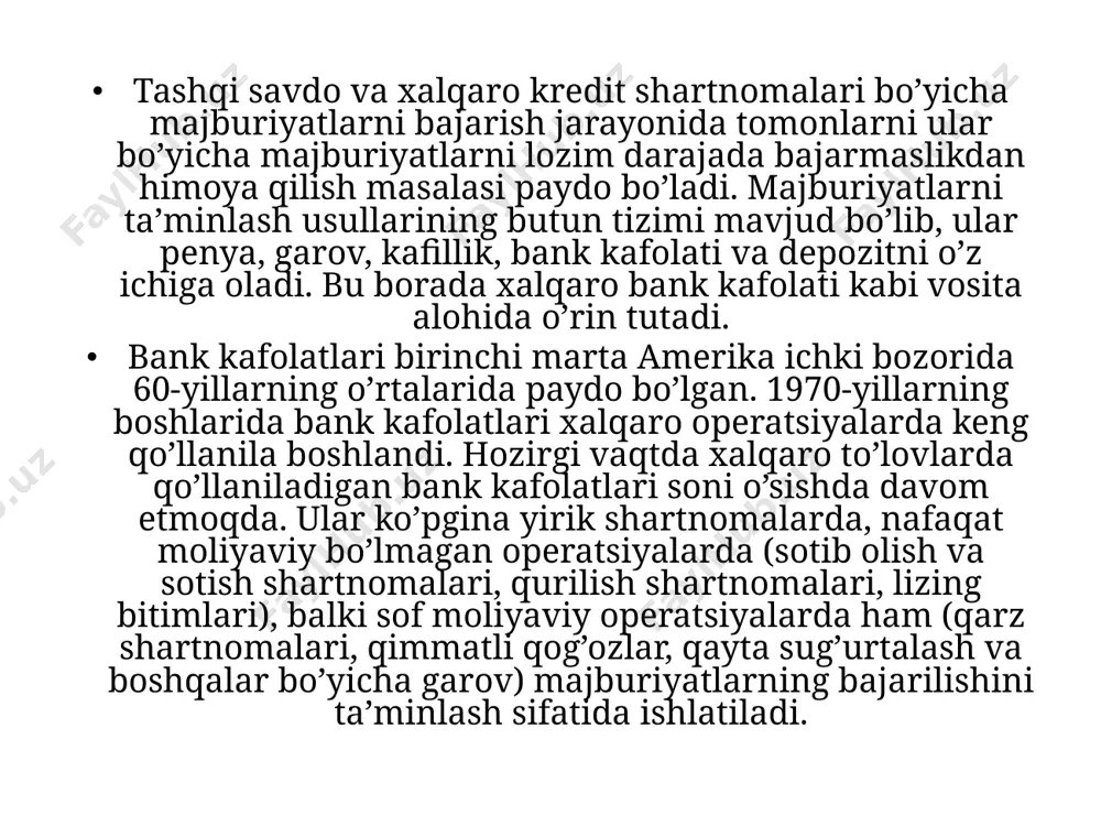 tashqi iqtisodiy faoliyat ishtirokchilari uchun majburiyatlarning bajarilishini ta’minlash vositasi sifatida xalqaro bank kafolatining afzalliklari quyidagilardan iborat: 1) benefitsiar uchun: majburiyatlarning bajarilishi ishonchliligining yuqori darajasi; 2) prinsipial uchun: obro’li hamkorlar bilan hamkorlik qilish imkoniyati va ular tomonidan yuqori darajadagi ishonch, xorijiy kontragentlar bilan sud muhokamasi ehtimolini kamaytirish, kafolat hodisasi yuzaga kelgan taqdirda xizmat ko’rsatuvchi bank bilan mulkiy masalalarni suddan tashqari hal qilish imkoniyati. kafolatli holatda pul mablag’larini olish tezligi; iqtisodiy adabiyotlarda bank kafolatining quyidagi funksiyalarini ajratish odatiy holdir: • xavfsizlik funksiyasi – prinsipialning benefitsiar oldidagi majburiyatlarini (ham tijoriy, ham moliyaviy) bajarilishini ta’minlashni anglatadi. u prinsipial tomonidan majburiyatlarni bajarmagan taqdirda benefitsiarga kompensatsiyani ta’minlovchi kafil bank tomonidan amalga oshiriladi. xavfsizlik funksiyasi kafolat uchun asos hisoblanadi; • taqsimlash funksiyasi – asosiy bitim (tashqi savdo, xalqaro kredit yoki boshqa shartnoma) ishtirokchilari o’rtasida risklarni taqsimlashni ta’minlaydi. bu taqsimot kafillik bitimi taraflari tomonidan belgilangan kafolat bo’yicha to’lov mexanizmi bilan belgilanadi. talab bo’yicha kafolatda benefitsiar noto’g’ri taqdim etish …