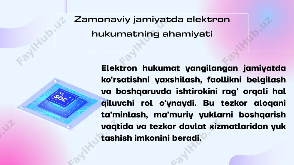 h zarurligini ta'kidlab, ularni himoya qiladi. kiberxavf tashvishlari kelajakdagida texnologiyaning roli blokcheyn va sun'iy intellekt kabi rivojlanayotgan texnologik hukumatni ingilobga tayyorlaydi. ush innovatsiyalar faoliyatini ko'rsatishni yaxshilash, faollikni oshirish va yozishning faolligini oshirish, hukumatni yanada samarali va mas'uliyatli qilish imkonini beradi. keyingi o'n yillik uchun bashoratlar kelgusi yil ichida elektron hukumat oʻrnatilgan koʻproq foydalanuvchilarga yoʻllangan boʻlib, foydalanish maʼlumotlariga moslashtirish uchun maʼlumotlar tahlilidan joʻnatish kutilmoqda. bundan tashqari, barcha demografik davlat xizmatlaridan etkazib berishni ta'minlash uchun kerakli inklyuziyaga ko'proq e'tibor qaratiladi. e`tiboringiz uchun rahmat image1.png image2.svg image3.png image4.png image5.svg image6.png image7.png image8.png image9.png image10.svg image11.png image12.png image13.png image14.png image15.svg image16.png image17.png image18.png image19.svg image20.png image21.png image22.png image23.png image24.svg image25.png image26.png image27.svg image28.png image29.png image30.svg image31.png image32.svg image33.png image34.svg image35.png image36.png image37.svg image38.png image39.png image40.png image41.svg image42.png image43.svg image44.gif image45.png image46.svg image47.png image48.svg image49.png image50.svg image51.png image52.svg image53.gif image54.png image55.svg image56.png image57.svg image58.gif image59.png image60.svg image61.png image62.svg image63.png image64.svg /docprops/thumbnail.jpeg