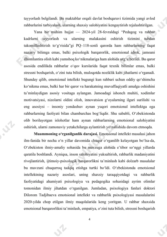 huningdek, bo‘lajak rahbar kadrlar sifatida shaxsiy salohiyatni oshirishdagi roli haqida tahliliy ma’lumotlar keltirgan. shuningdek, nizomiy nomidagi toshkent davlat pedagogika universiteti psixologi zulayho islomova ham o‘z maqolalarida psixologik barqarorlik va emotsional yetuklikni rahbar muvaffaqiyatining asosiy omili sifatida ko‘rsatgan. u rahbar shaxsining his-tuyg‘ular ustidan nazorati va jamoa bilan sog‘lom munosabat o‘rnata olish salohiyatini boshqaruvdagi muhim yumshoq ko‘nikma sifatida ta’riflagan. shu bilan birga, o‘zbekiston respublikasi fanlar akademiyasi huzuridagi psixologiya instituti tomonidan olib borilgan izlanishlarda ham so‘nggi yillarda emotsional intellekt masalasiga alohida e’tibor qaratilmoqda. 2023-yilda o‘tkazilgan “ilmiy-amaliy psixologiya” respublika konferensiyasida ushbu masalaga bag‘ishlangan bir nechta ilmiy ma’ruzalar taqdim etilgan bo‘lib, ularning asosiy mavzusi emotsional intellektning rahbarlik faoliyatidagi amaliy ahamiyatini yoritishga qaratilgan. yana bir muhim jihat shundaki, o‘zbekistonda rahbar kadrlarga qo‘yilayotgan talablar kontekstida emotsional intellektga oid kompetensiyalar davlat darajasidagi hujjatlarda ham o‘z aksini topmoqda. bu holat mazkur mavzuning nafaqat nazariy, balki amaliy jihatdan ham dolzarbligini yana bir bor tasdiqlaydi. kurs ishining maqsadi. emotsional intellekt tushunchasining …