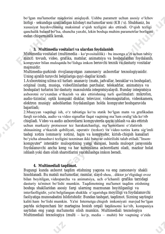 ekin. qattiq disklar. muddaticd- romcd -larning o‘ziga ham, kompakt -diskdan ma'lumot o‘qiladigan qurilmalarga ham (disklarga) tegishli. cd -romlarning qo‘llanilish doirasi juda tez kengayib bormoqda: agar 1988 yilda ulardan atigi o‘nlablari yozilgan bo‘lsa, bugungi kunda jahon qishloq xo‘jaligi ishlab chiqarishining statistik ma'lumotlaridan tortib to tematik disklarning bir necha ming nomlari chiqarilgan. maktabgacha yoshdagi bolalar uchun ta'limiy o‘yinlar. ko‘plab kichik va yirik xususiy firmalar va davlat tashkilotlari ma'lum bir sohadagi mutaxassislarni qiziqtirgan shaxsiy disklarini ishlab chiqaradilar. ma'lumot uzatish tezligi. o‘tkazish tezligi haydovchi cddan kompyuterga bir soniyada o‘qishi mumkin bo‘lgan ma'lumotlar miqdorini aniqlaydi. ushbu parametr uchun asosiy o‘lchov birligi - sekundiga uzatiladigan kilobayt ma'lumotlar soni (kb / s). shubhasiz, bu xususiyat haydovchining maksimal o‘qish tezligini aks ettiradi. o‘qish tezligi qanchalik baland bo‘lsa, shuncha yaxshi, lekin boshqa muhim parametrlar borligini esdan chiqarmaslik kerak. 3. multimedia vositalari va ulardan foydalanish multimedia vositalari (multimedia – ko‘pvositalilik) - bu insonga o‘zi uchun tabiiy muxit: tovush, video, grafika, …