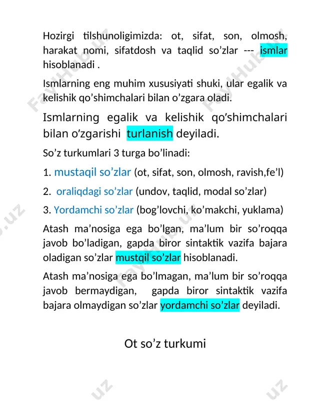 si hisoblanadi. --lar qo’shimchasi ko’plikdan boshqa ma’noni ifodalashi, bu uning uslubiy vazifasi sanaladi. bu qo’shimcha uslubiy vazifa bajarayotganda so’zning birlik mma’nosi o’zgarmaydi. bu vaqtda – hurmat, kinoya-piching, ta’sirchanlikni oshirish, tasviriylikni oshirish, umumlashtirish, taxminlash kabi ma’nolarda qo’llanishi mumkin. masalan: 1. ko’zlarimga ishonmayman(‘’ o’tkan kunlar’’) --- bu yerdagi -lar qo’shimchasi ta’sirchanlikni oshirish va ifodalilik ma’nosini bildirgan. 2. bolalarning shovqinidan boshlarim og’rib ketdi. bu gapni : bolalarning shovqinidan boshim og’rib ketdi—desak ham bo’ladi. chunki bu yerda bir kishining boshi haqida gap ketmoqda. birinvhi misolimizdagi -lar qo’shimchasi bosh so’zining ma’nosini kuchaytirish, ta’kidlash uchun qo’llangan. 3. dadamlar keldilar( hurmat) 4. yigitcha ‘’botir’’ bo’lib keldilar( kinoya) 5. alpomishlar maydonga chiqdi(umumlashtirish) 6. bolalar quvonchlarga to’ldi( kuchaytirish) donalab sanalmaydigan narsa va hodisalarni bildiruvchi otlar birlik shaklda kelsa ham, aslida jamlikni bildiradi. masalan: ko’chaga qum to’kilgan; yoki, ariq to’la suv… bunday so’zlarga ko’plik shakli qo’shilganda narsa va hodisaning xilma-xil ekanligini bildiradi. masalan: suvlar( gazli suv, gazsiz suv, mineral suv..); …