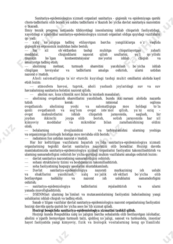 ilaktika o`z ichiga to`rtta yo`nalishni kamrab oladi: — sanitariya-gigienik, ya`ni tabiiy, ishlab chiqarish va turmush sharoitini sog’lomlashtirish xizmati; — sog’lom turmush tarzini shakllantirish; — funktsional-biologik risk omillarini aniqlash, kamaytirish, yo`qotish; — davolash-sog’lomlashtirish. birinchi uch yo`nalish birlamchi profilaktikaga kirsa, oxirgisi ikkilamchi profilaktikani tashkil etadi. keltirilganlardan ko`rinib turibdiki, birlamchi profilaktikada sanitariya- epidemiologiya xizmatining roli aniq emas. bizning fikrimizcha, hozirgi boskichda jamiyatimiz va sog’liqni saqlashni taraqqiyotida birlamchi profilaktika tushunchasiga, davlat, jamiyat, sog’liqni saqlash tizimi tomonidan, sog’lom turmush tarzi, sog’lom turmush sharoitini yaratish, sog’lom shaxslar sog’lig’ini muntazam kuzatib borish, kasalliklarga qarshi chidamliligini oshirish orqali aholi salomatligini saqlash va yanada yaxshilash bo`yicha olib borilayotgan chora-tadbirlar kiradi. yuqorida ta`kidlaganimizdek, tibbiyotda hozirgi kunda birlamchi profilaktika (kasalliklarni keltirib chiqaruvchi sabablarning oldini olish) va ikkilamchi proflaktika (kasalliklarni rivojlanishi, qaytalanishiga sabab bo`luvchi shart-sharoitlarni va omillarning oldini olish va yo`qotish) farqlanadi. tibbiyotda amalga oshiriladigan asosiy birlamchi profilaktik tadbirlarga yuqumli kasalliklarning oldini olish vositasi hisoblangan sanitariya va epidemiologik tadbirlar, profilaktik immunlash va …